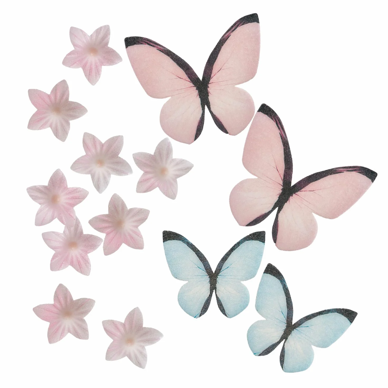 dekora - 39 Décorations Comestibles en gaufrette en Blister avec Mini-Fleurs Roses et Bleues et Papillons Roses et Bleus pour Décorer les Cupcakes et les Gâteaux