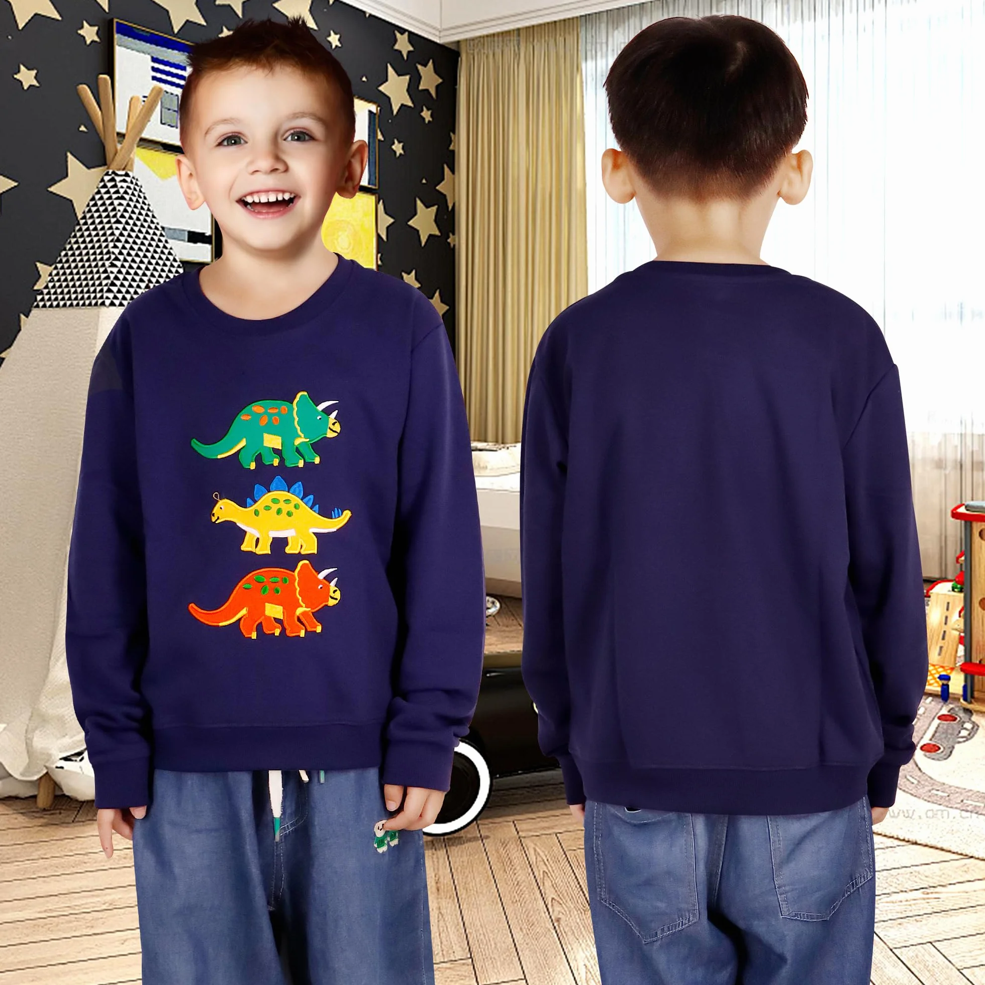 Sweatshirt Garçon Dinosaure Imprimé Bleu Marine Pullover Manches Longues Col Rond Enfants 2-7 Ans