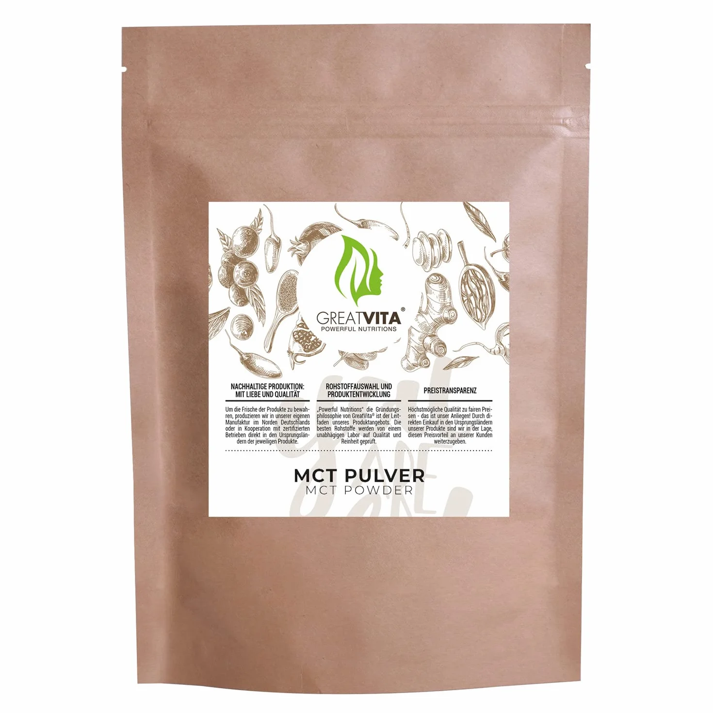 Poudre MCT - 800 g - Qualité supérieure - Parfait pour un régime céto - À base de noix de coco - Neutre au goût - GreatVita