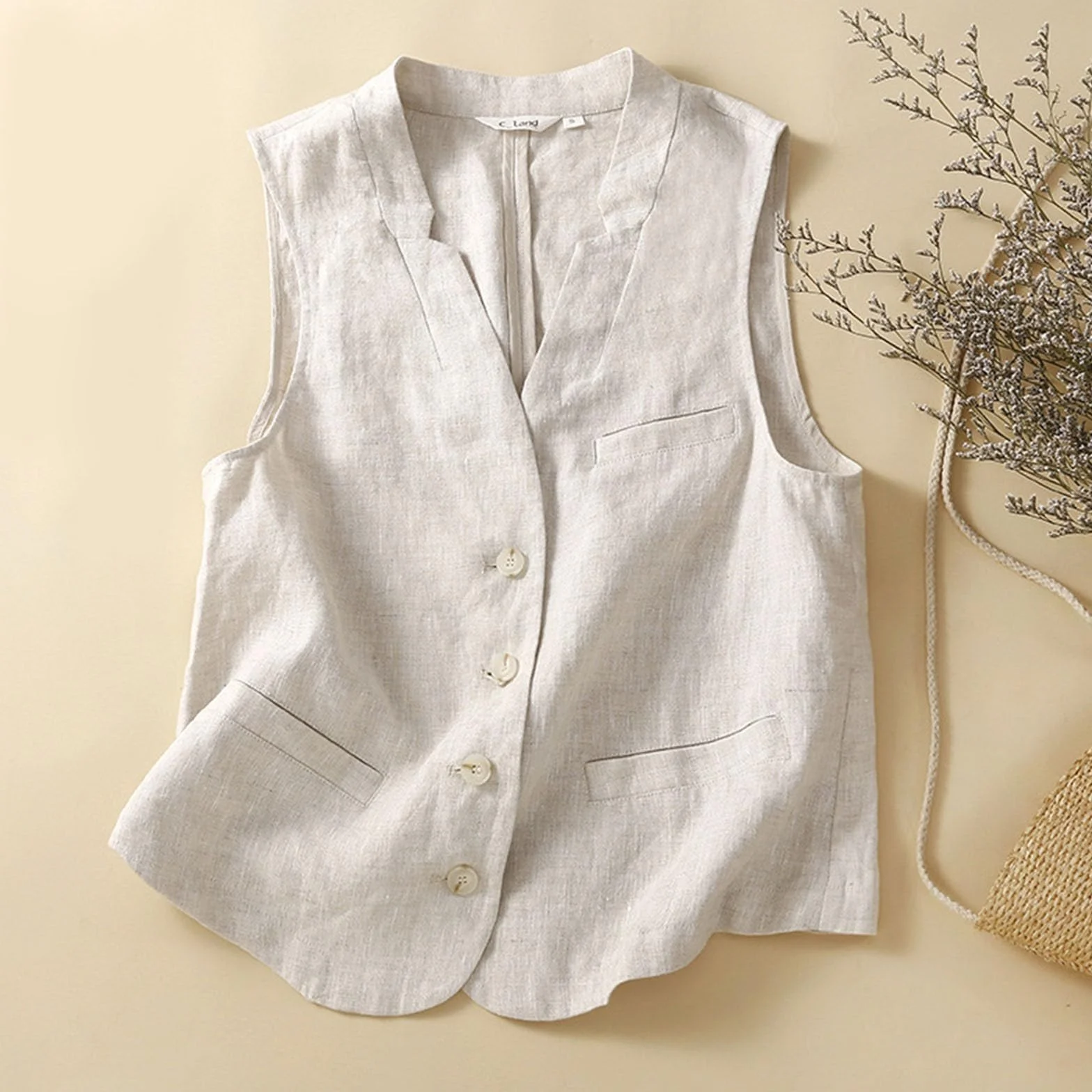 Gilet en Coton et Lin pour Femmes, col en V, sans Manches, Veste Tailleurs