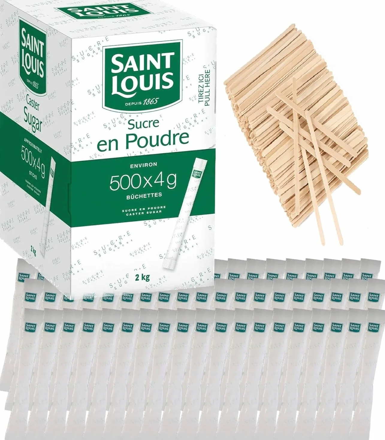 Sucre Blanc en Poudre SAINT LOUIS - 500 bûchettes de sucre cristallisé individuels de 4g (2kg) avec agitateurs en bois – Idéal pour Professionnels – Offre Spéciale