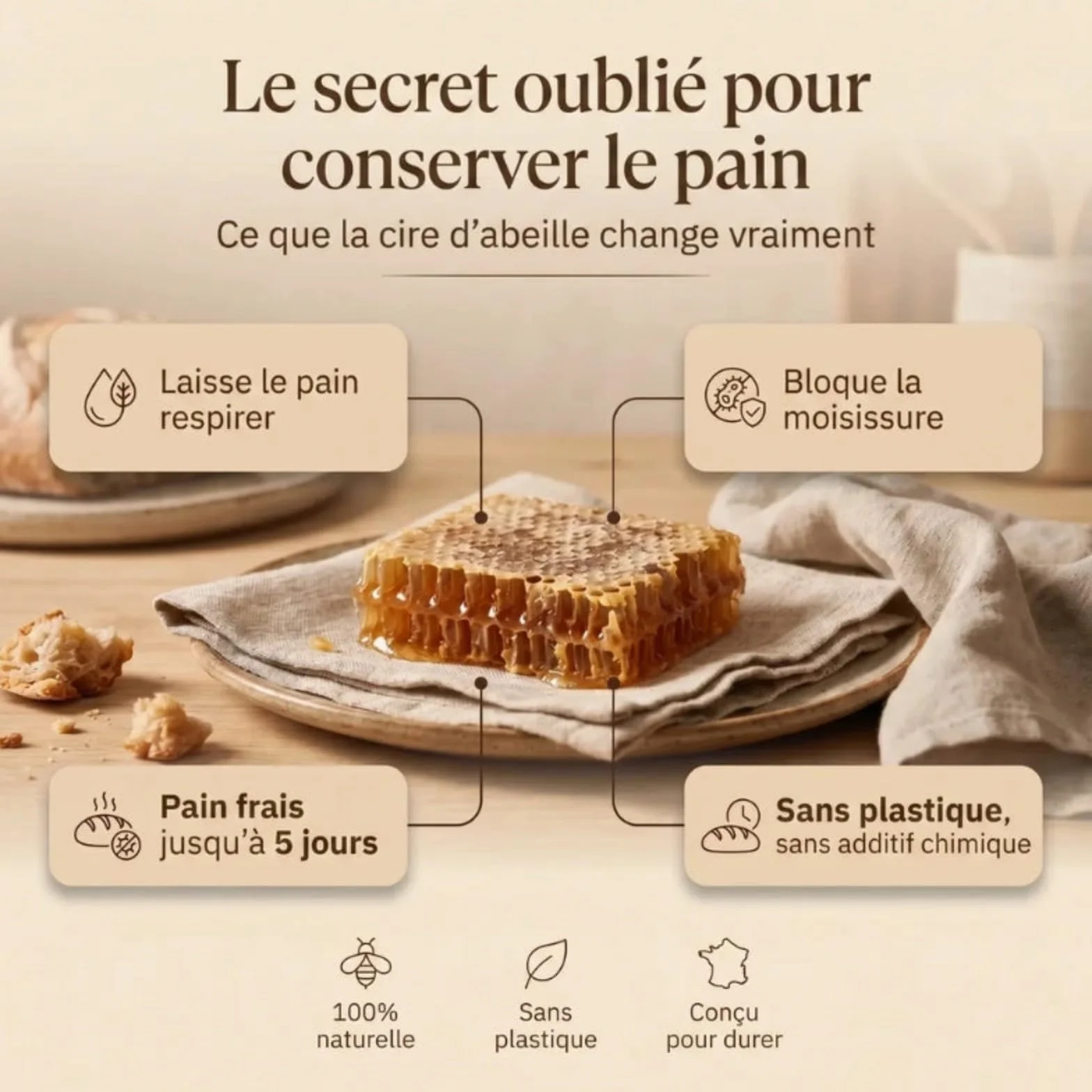La Maison de Louise Sac a Pain,Sac à Pain La Maison de Louise,Sac à Pain en Cire d'Abeille Réutilisable,Sac de Conservation en Coton Naturel 43×33cm,Réutilisation,Conservation Longue Durée