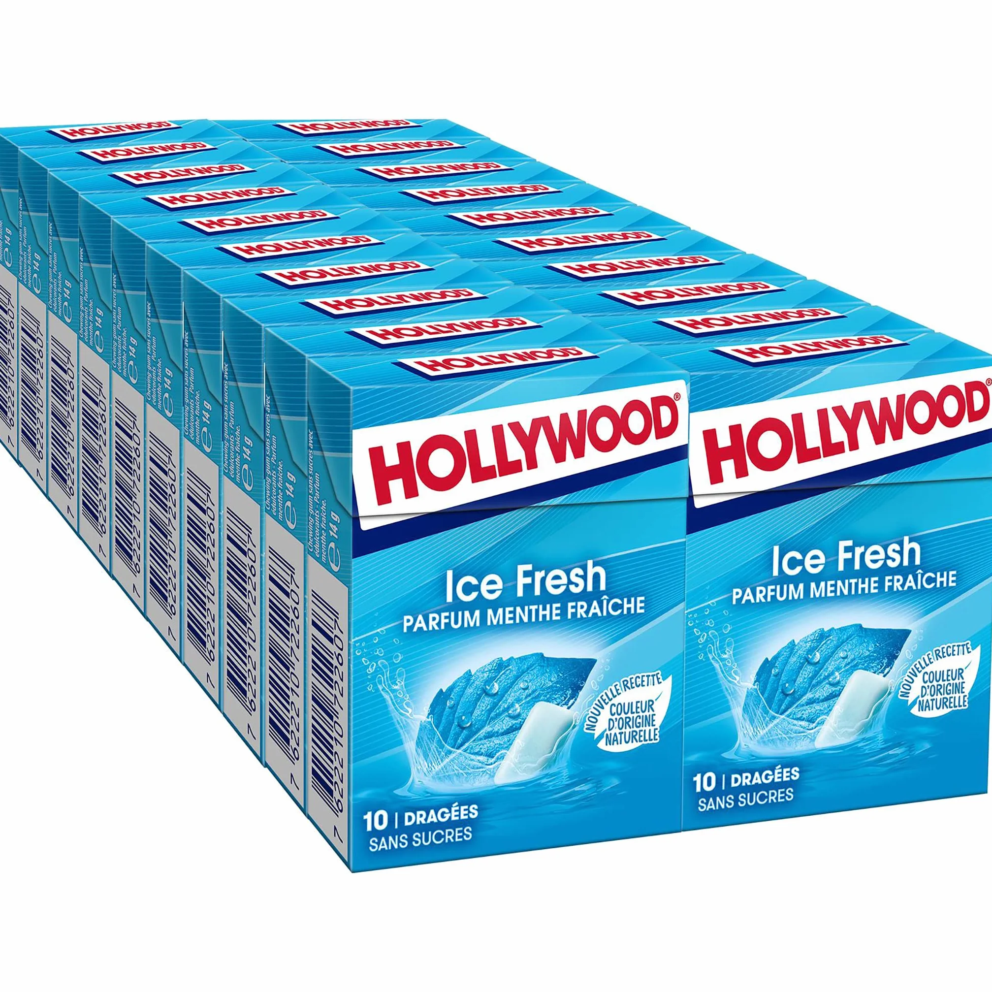 Hollywood Chewing Gum Ice Fresh Menthe Fraîche Sans Sucres Lot de 20 paquets 10 dragées 14 g