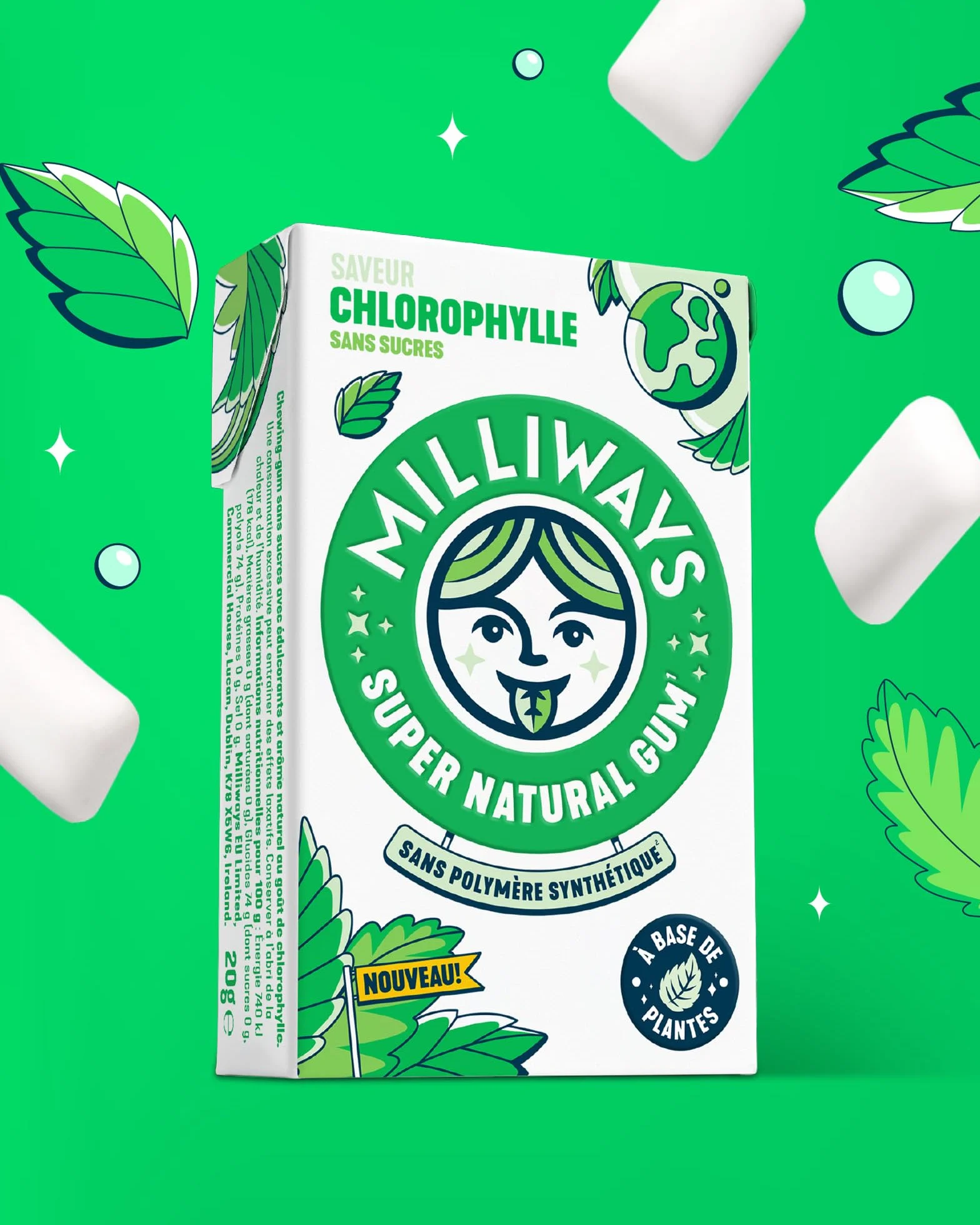 MILLIWAYS Chewing Gum sans Sucres à la Chlorophylle 12 Boîtes de 10 Dragées 20g Xylitol