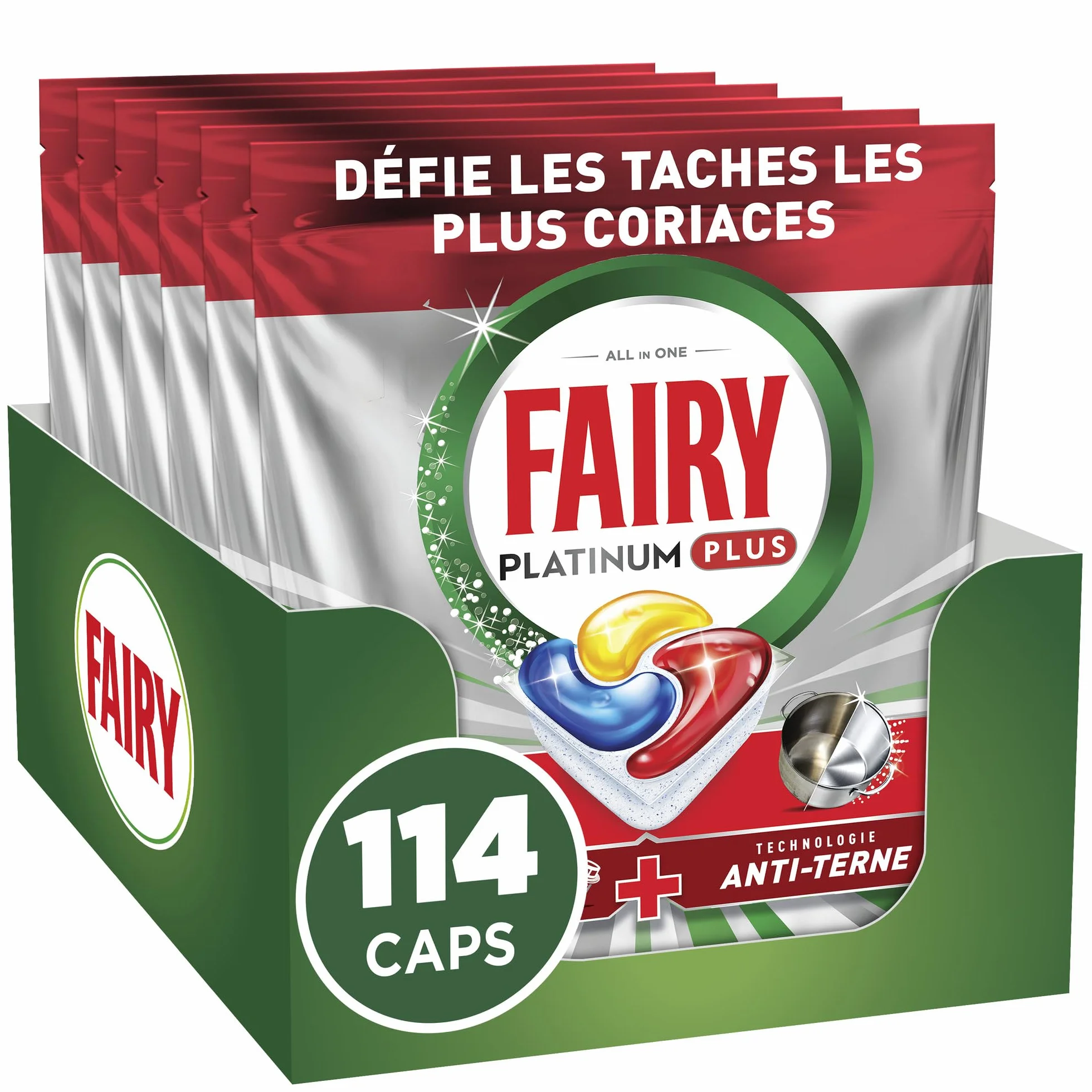 Fairy Platinum Plus Tablettes Lave-vaisselle Tout-en-1, 114 Tablettes (19x6), Parfum Citron, Technologie Anti-Terne, Prévient le Calcaire, Système Pré-Lavage Intégré, Efficace en Cycle Court
