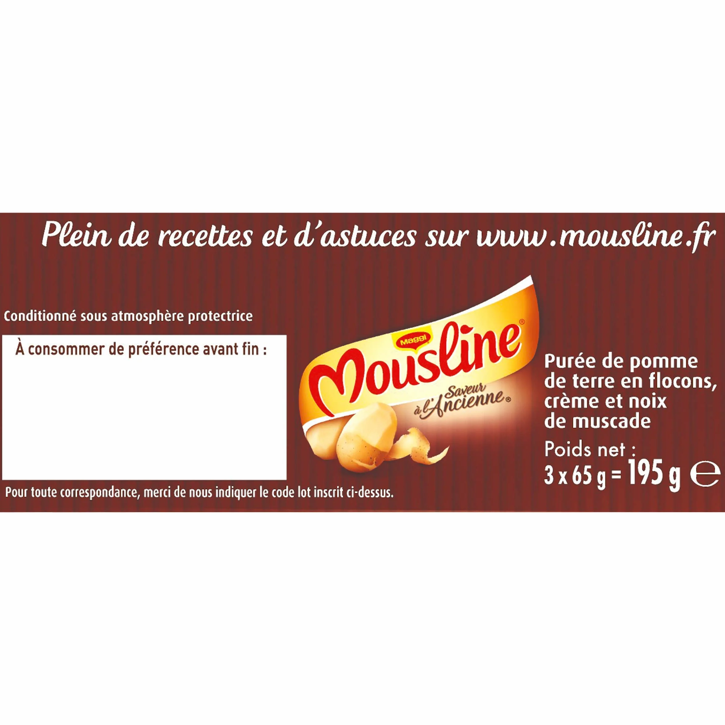 Maggi Mousline Purée Saveur à l'Ancienne Crème Muscade 3 Sachets de 65 g pour 2 personnes