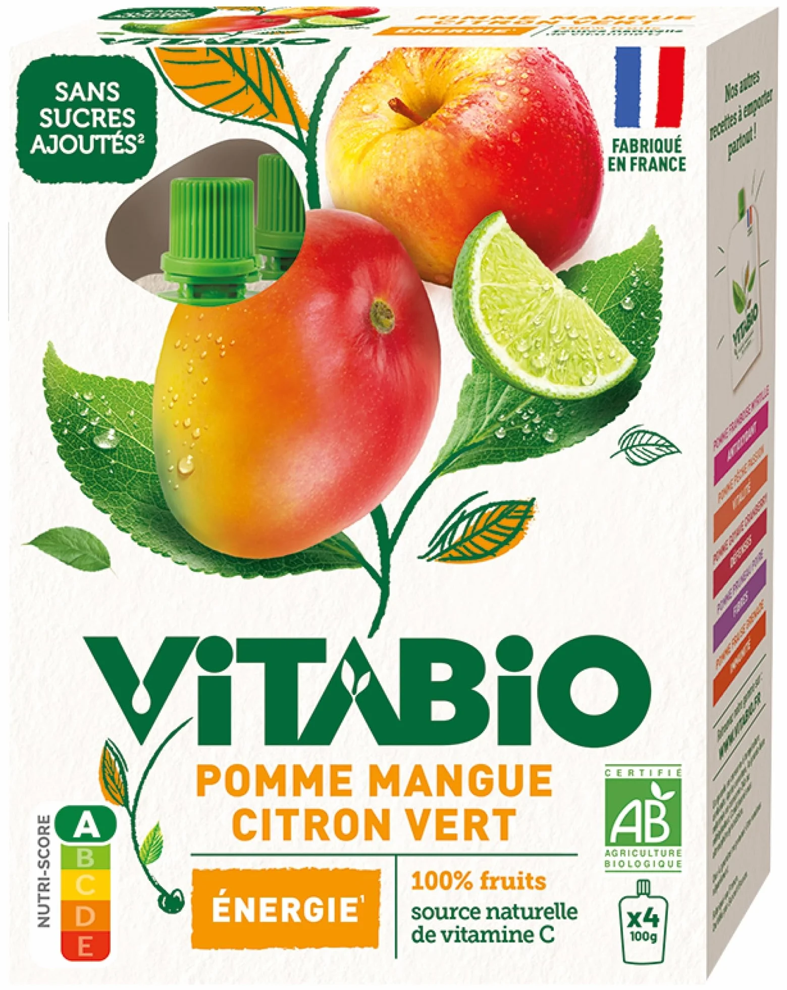 VITABIO - Gourdes Pomme Mangue Citron vert - ENERGIE - 4x100g - BIO