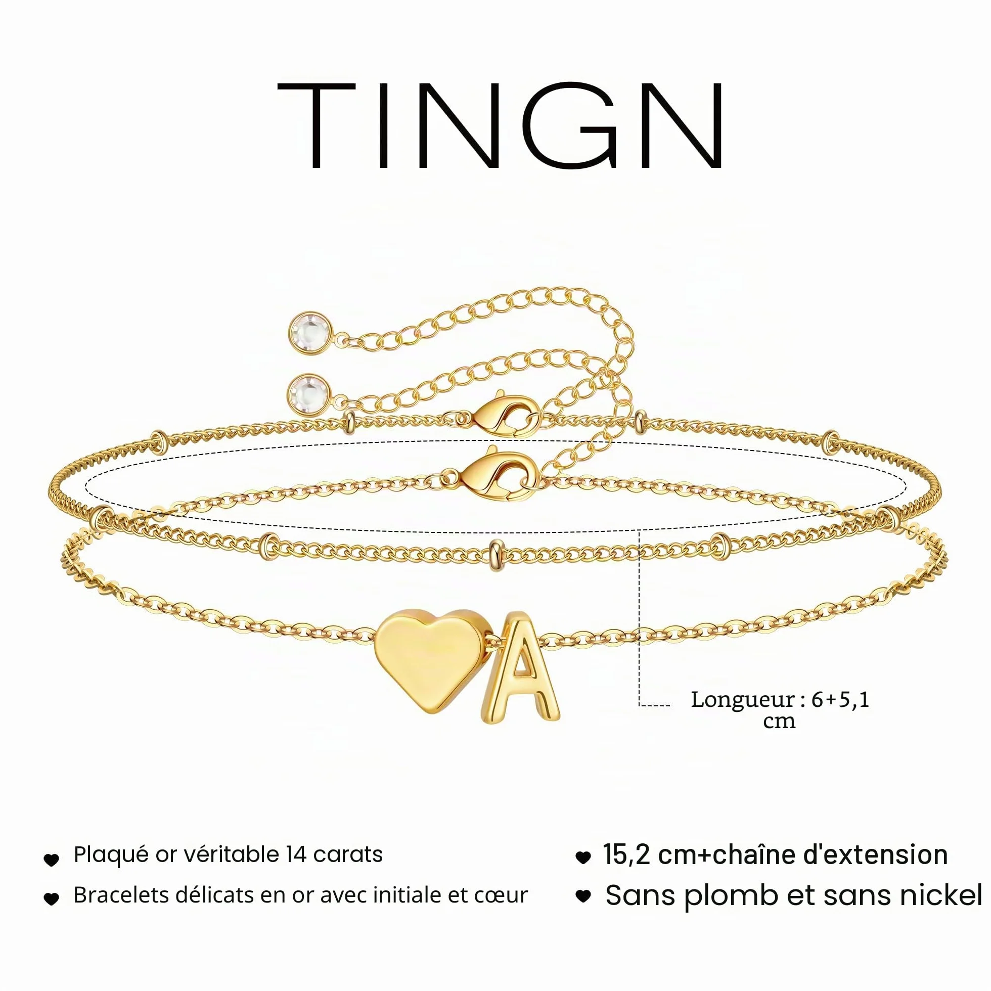 TINGN Bracelet pour femme Plaqué or 14 carats Cœur en couches Personnalisable