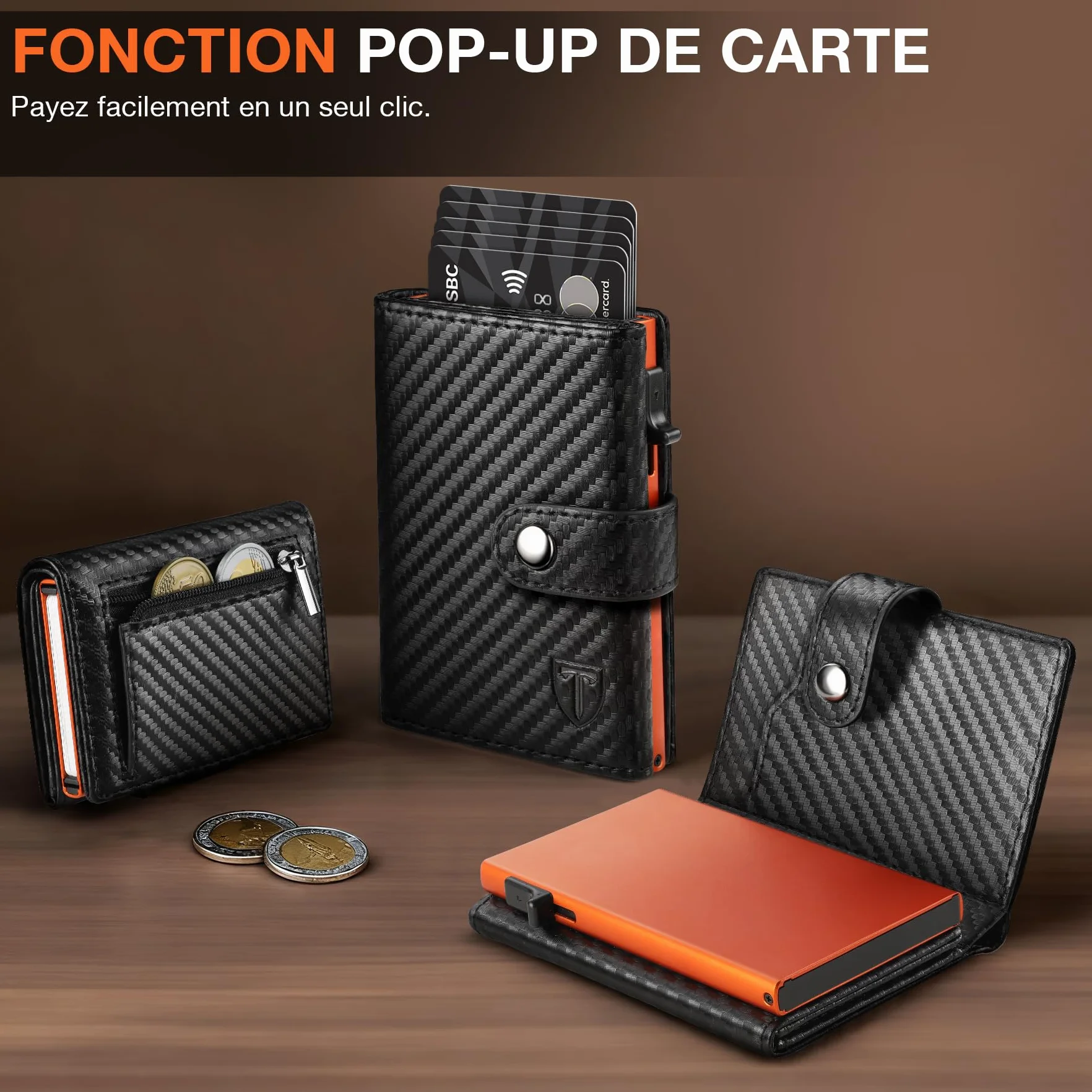 Portefeuille Homme Fibre de Carbone RFID Blocage Noir Orange