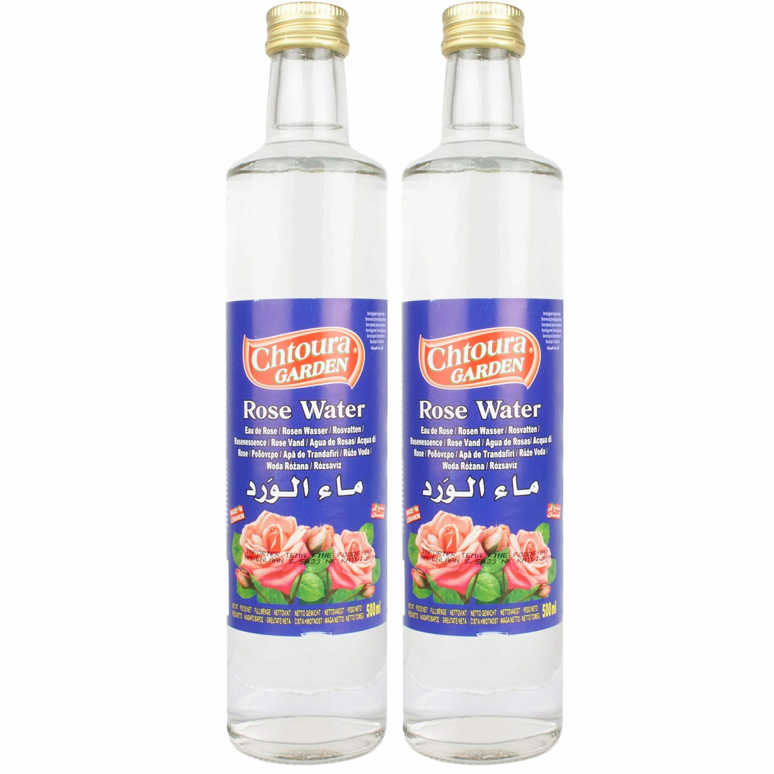 Chtoura Garden - Eau de rose orientale idéale pour la cuisson et la cuisson - Eau florale pour aromatiser les plats sucrés, pâtisseries et boissons en lot de 2 bouteilles en verre de 500 ml