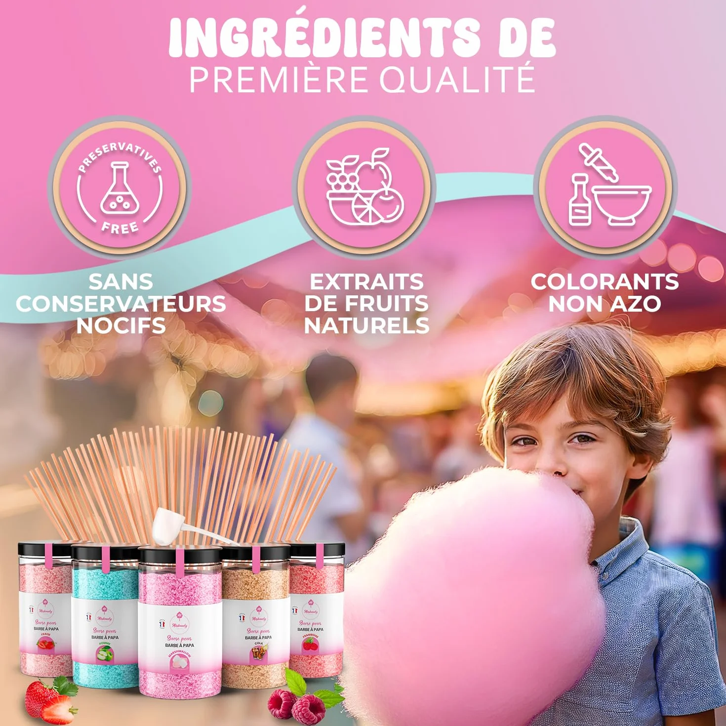 Misskandy® sucre barbe à papa pour machine- Lot de (5 * 300Gr) - (Arômes Naturels): Goûts: Fraise/Pomme/Marshmallow/Cola/Framboise/poudre barbapapa+ 50 bâtonnets (offerts)/ Fabriqué en France