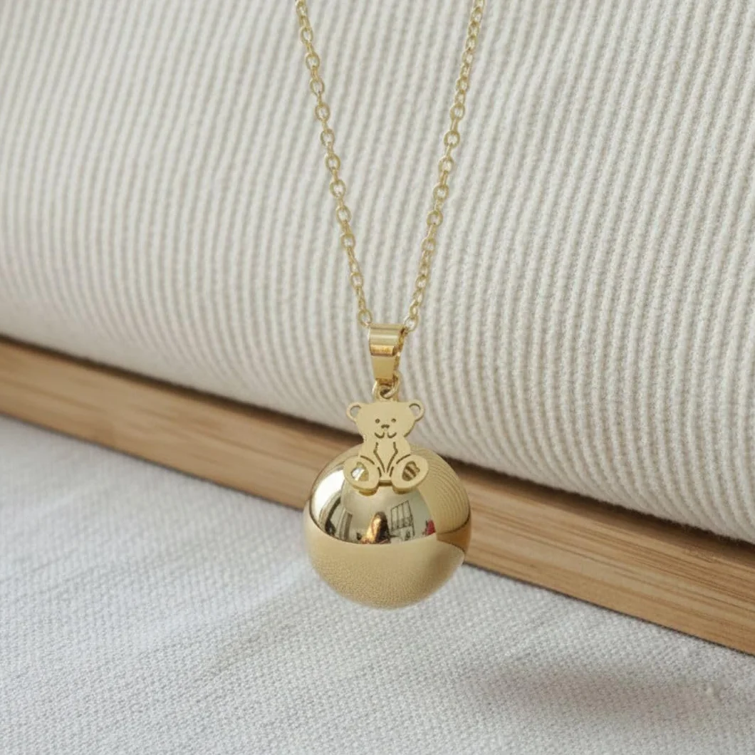 Bola de grossesse ours doré or plaqué chaîne maille forçat 2 mm collier boule sonore 20 mm chaîne 110 cm réglable cadeau femme enceinte