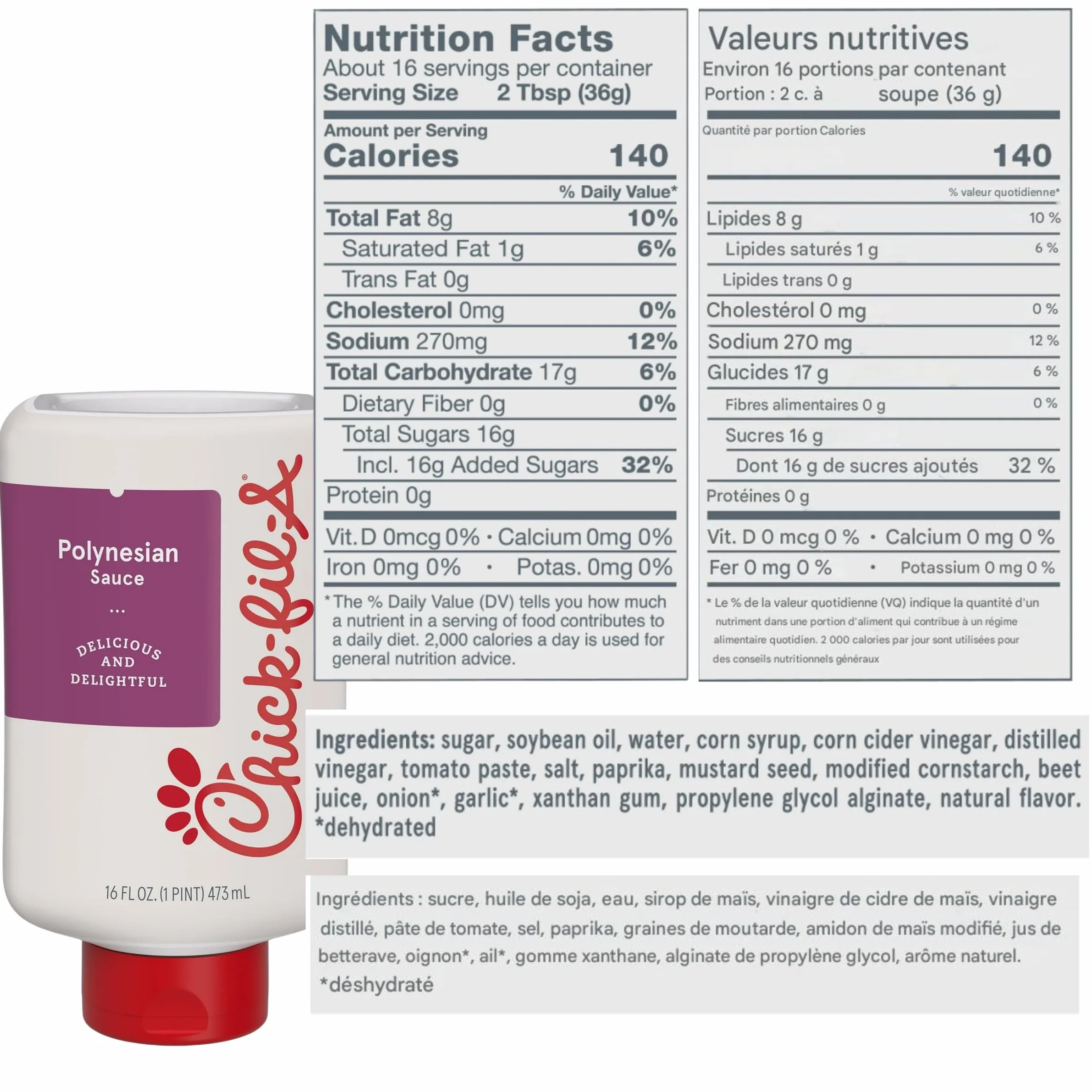 Chick-fil-A Ensemble de sauces à tremper -- Une bouteille de sauce originale Chick-fil-A et une bouteille de sauce polynésienne Chick-fil-A -- 473 ml chacune