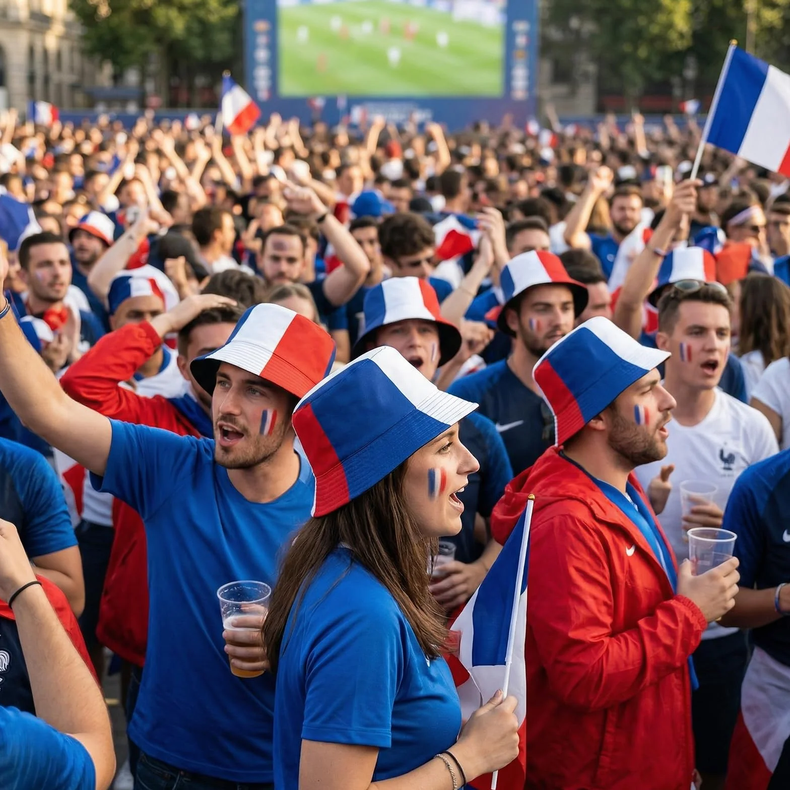Chapeau Supporter Réversible Tricolore Bleu Blanc Rouge pour Match Football Coupe du Monde, Pliable et Respirant 56-58 cm