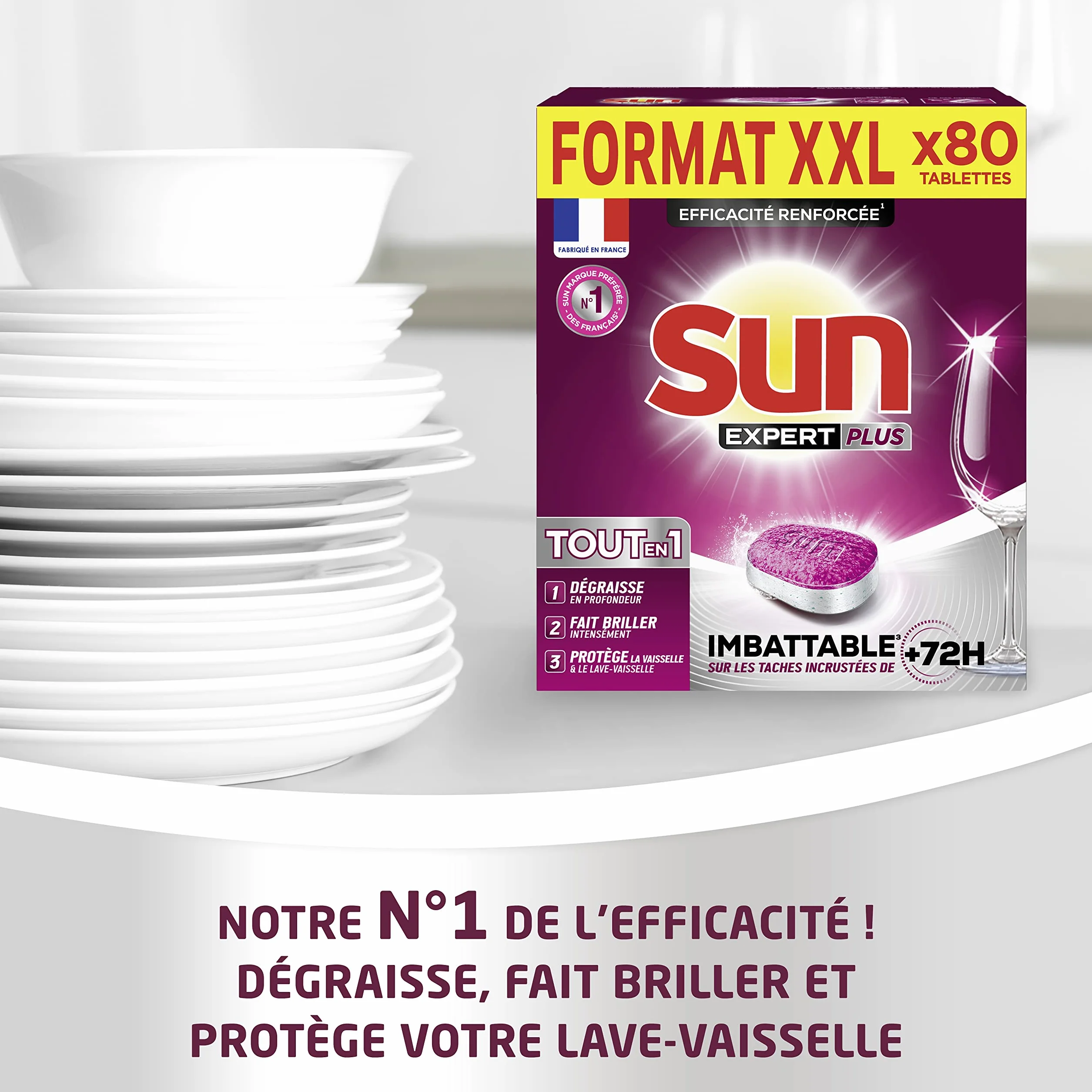 SUN - Pastilles Lave-Vaisselle Tout-en-1 - 80 Capsules - Expert Plus - imbattable sur les taches incrustées de + de 72h - dégraisse et fait briller