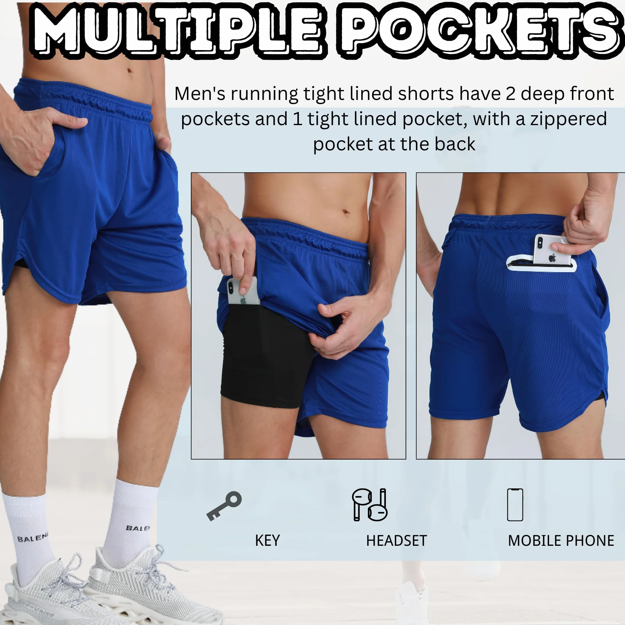 Shorts de sport 2 en 1 homme séchage rapide poches Lot de 3