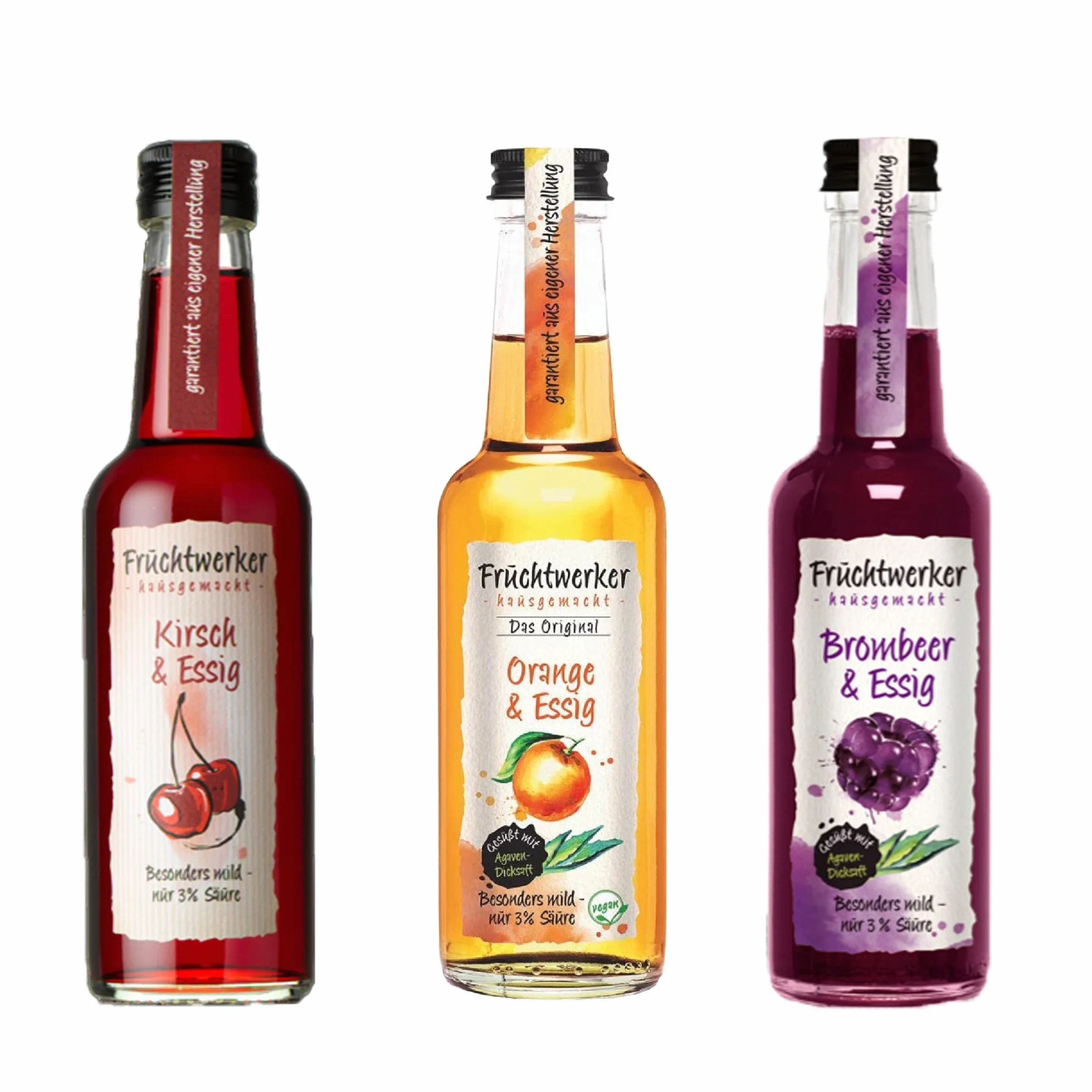 Fruchtwerker Set vinaigre et fruits I Différentes variétés I Fruité I Vinaigre de fruits I Set vinaigre I Pur végétal I Sucré I Dans des bouteilles en verre (cerise + orange + mûre)