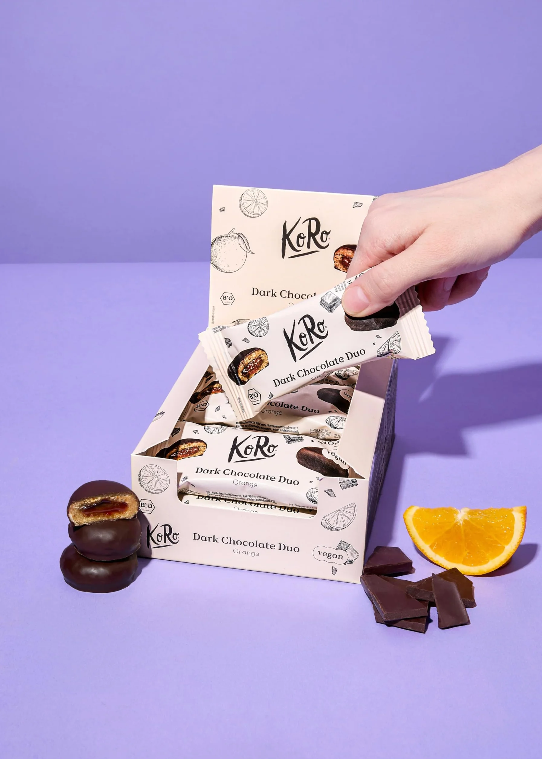 KoRo - Bouchées de chocolat noir bio à l'orange 12 x 2 x 20 g - Base d'avoine et de noix de cajou - Garniture fruitée à l'orange - Vegan