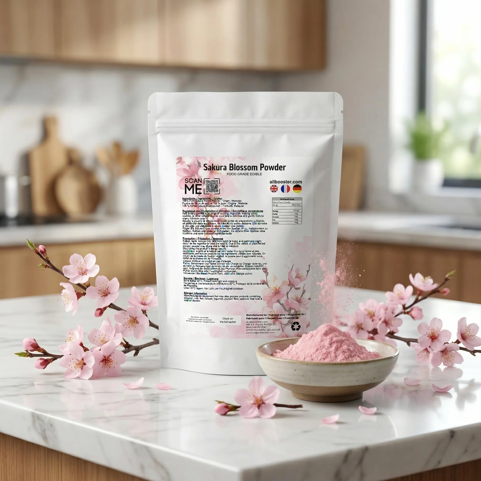 Poudre de Sakura Blossom 250 g - Fleur de Cerisier en Poudre - Qualité Alimentaire - Ingrédient Naturel pour Pâtisserie, Boissons et Desserts Japonais