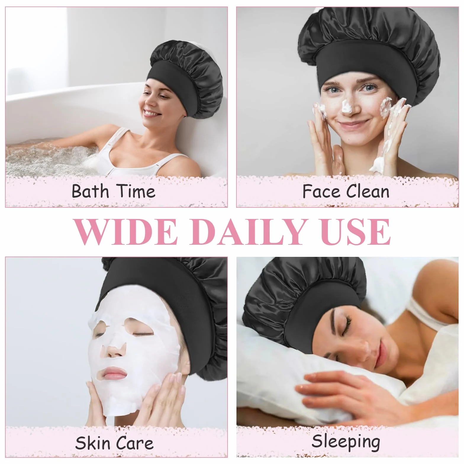 Bonnet Satin Cheveux Nuit avec Elastiques, Protection Cheveux Noir Rose