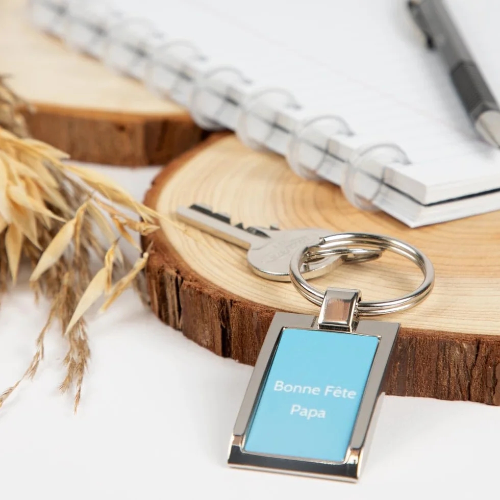 Porte-Clef Métal Argenté Rectangle avec Photo Imprimée Recto Verso Personnalisé Cadeau Homme