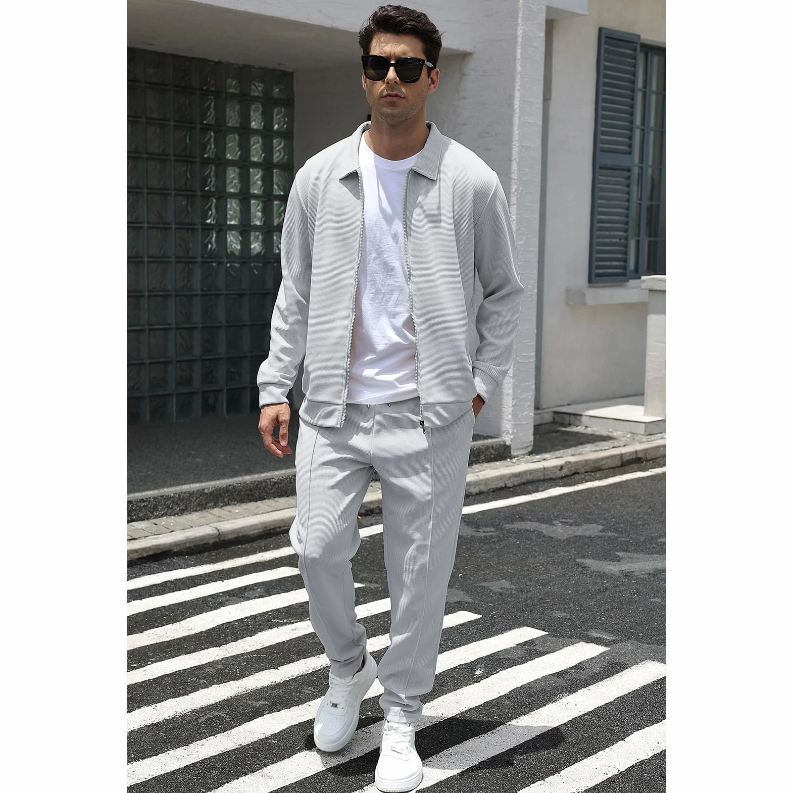 Ensemble de 2 Pièces Veste & Pantalon Waffle Manches Longues Zipper pour Homme Survêtements Sport Travail