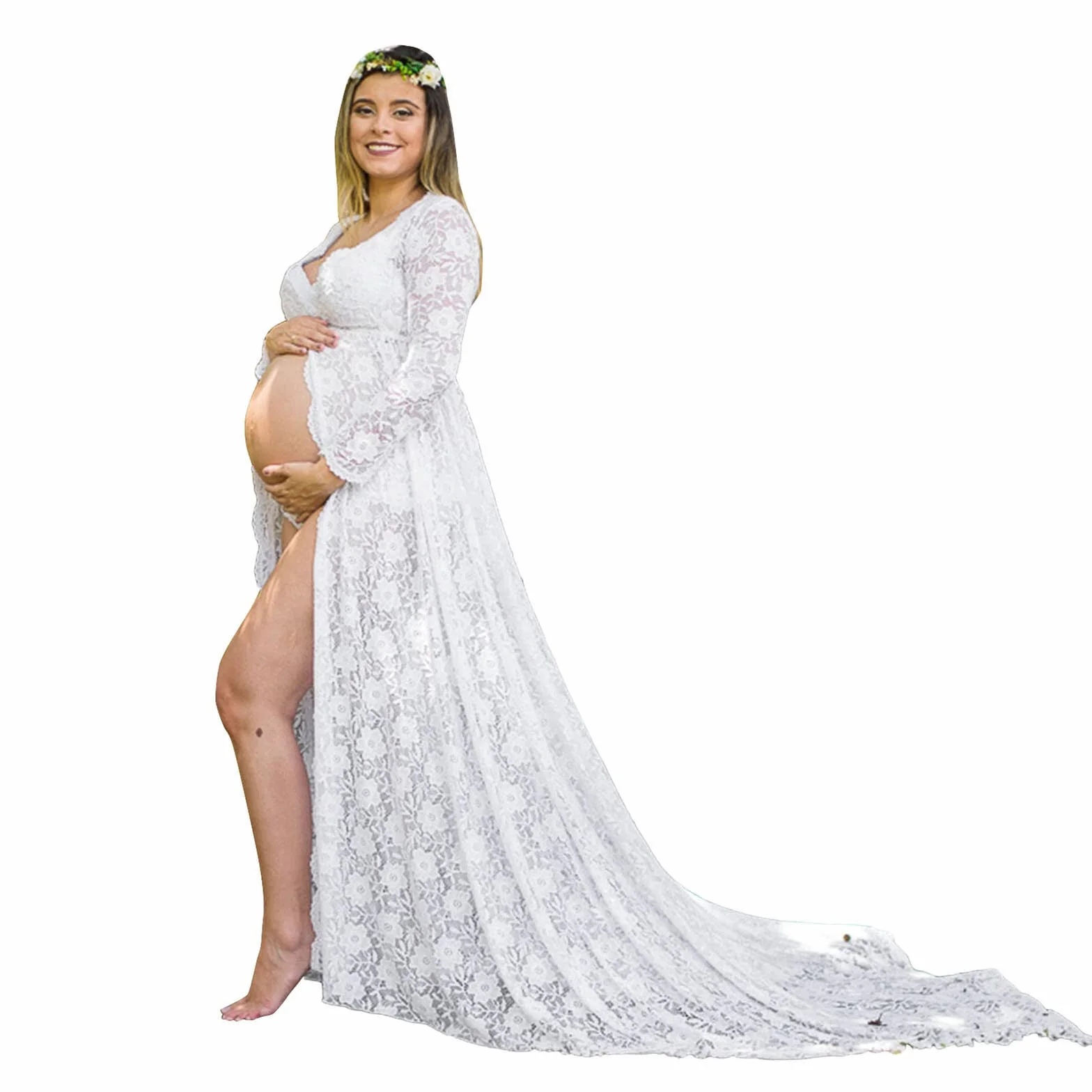 Robe Maternité Dentelle Col en V Manches Longues Shooting Photo Mariage Cérémonie Soirée Chic Femme Enceinte Grande Taille