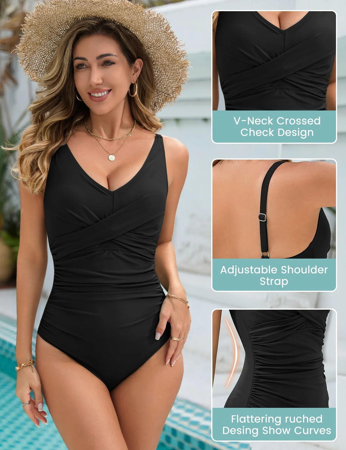 Maillot de Bain Femme 1 Pièce Gainant Ventre Plat Sexy Col en V Swimsuit Push Up Amincissant Monokini