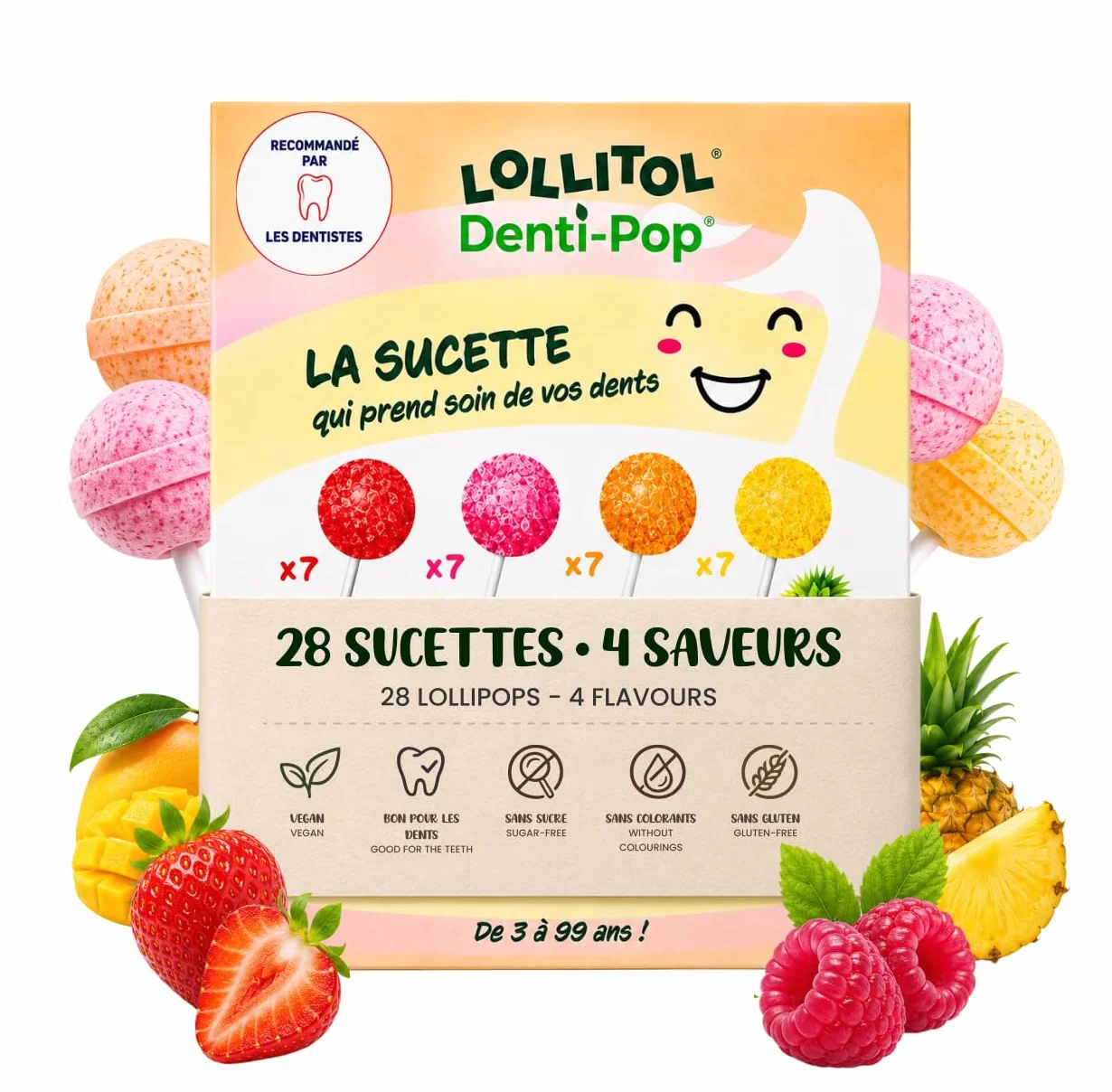 LOLLITOL Sucettes Sans Sucre 28 Pièces – Bonbon Sans Sucre, Lollipop Vegan Saveurs Fruits (Fraise, Framboise, Mangue, Ananas) – Sans Aspartame, Coffret Découverte