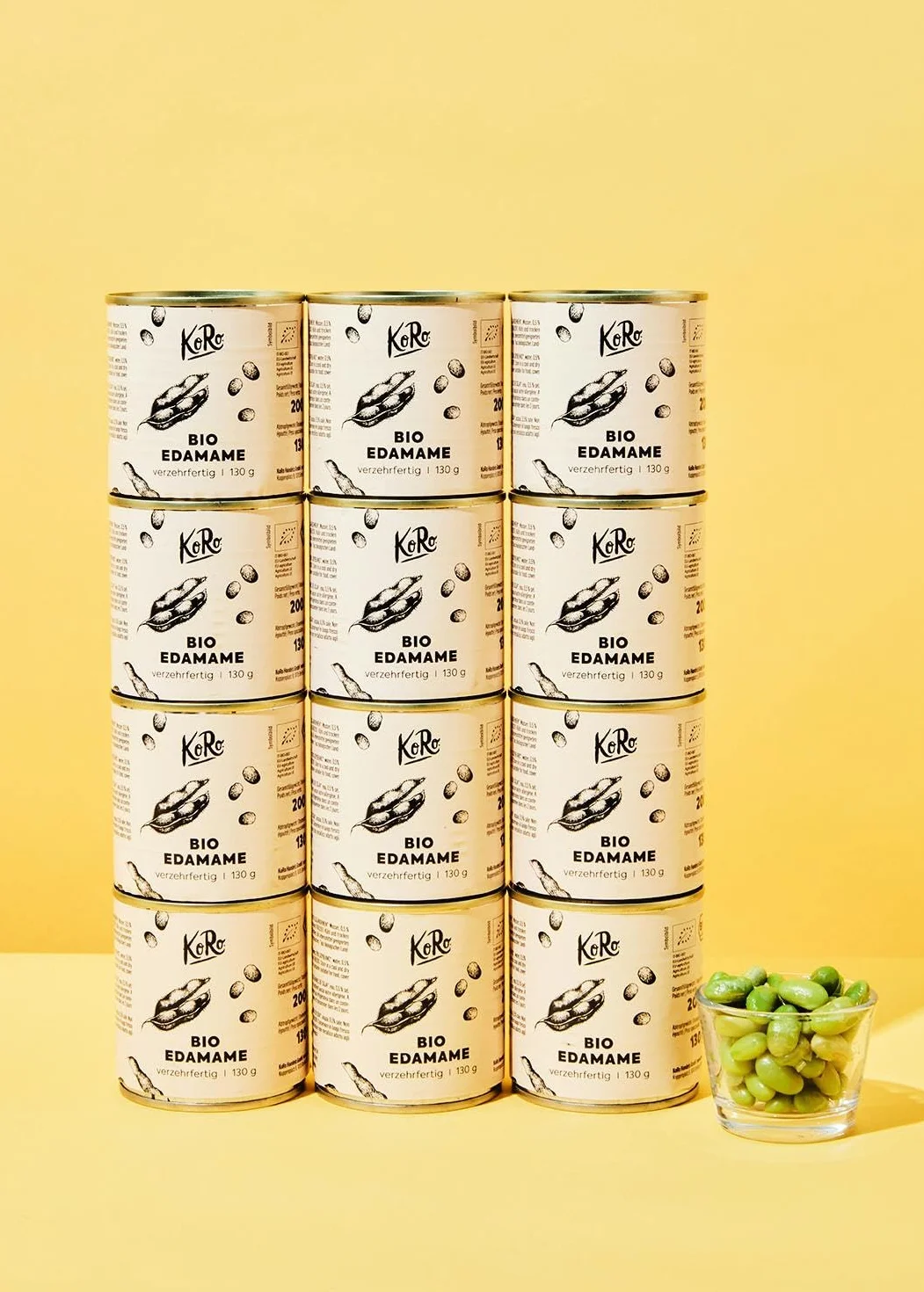 KoRo - Fèves de soja vertes Edamame bio en boîte 12 x 130 g - Précuit - Traitées à la récolte - Snack malin