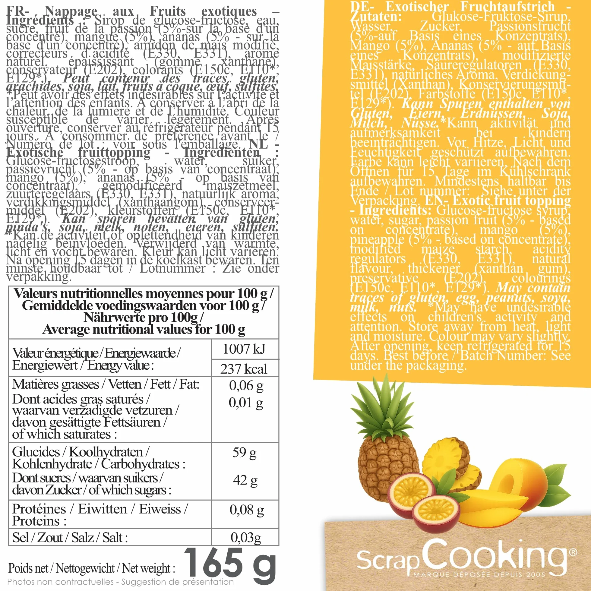 ScrapCooking - Nappage Fruits Exotiques 165 g - Flacon Squeezer - Pour Topping & Décoration Gâteaux, Glaces, Yaourts, Crêpes & Gaufres - Déco Alimentaire Pâtisserie - 8565