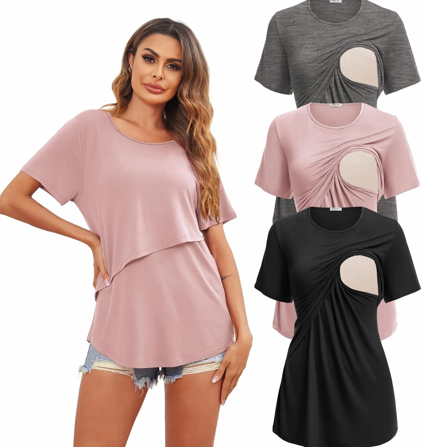 Ekouaer Lot de 3 T-Shirt d'allaitement Femme Manches Courtes col Rond