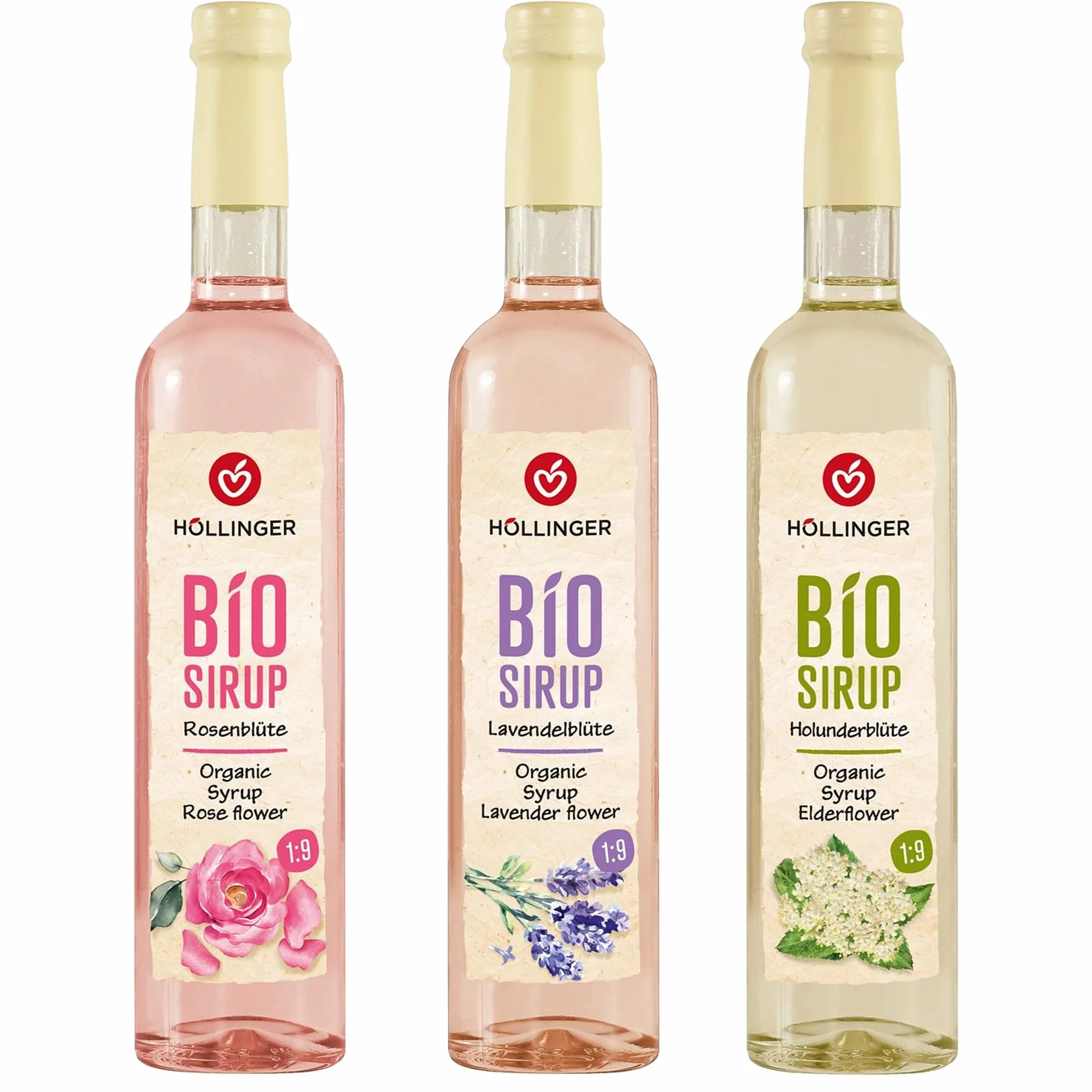 Höllinger Bio Sirop Floral, Lot de 3 Bouteilles en Verre de 500ml, Fleurs de Sureau, Rose et Lavande, Sirop Biologique Sans Alcool, Dilution 1:9
