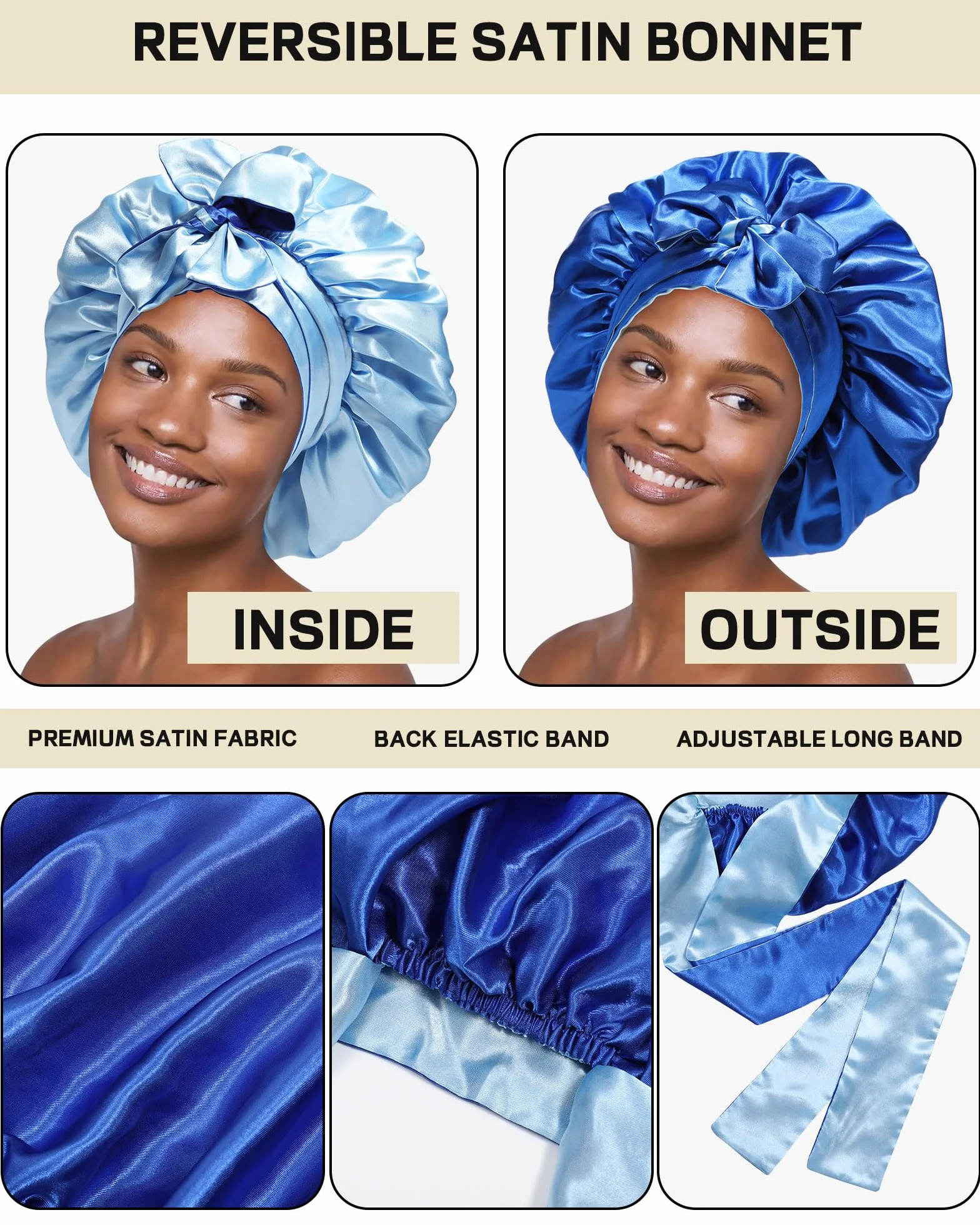 Bonnet en Satin pour Cheveux Bouclés Femmes Noires, Bandeau Réversible avec Nœud