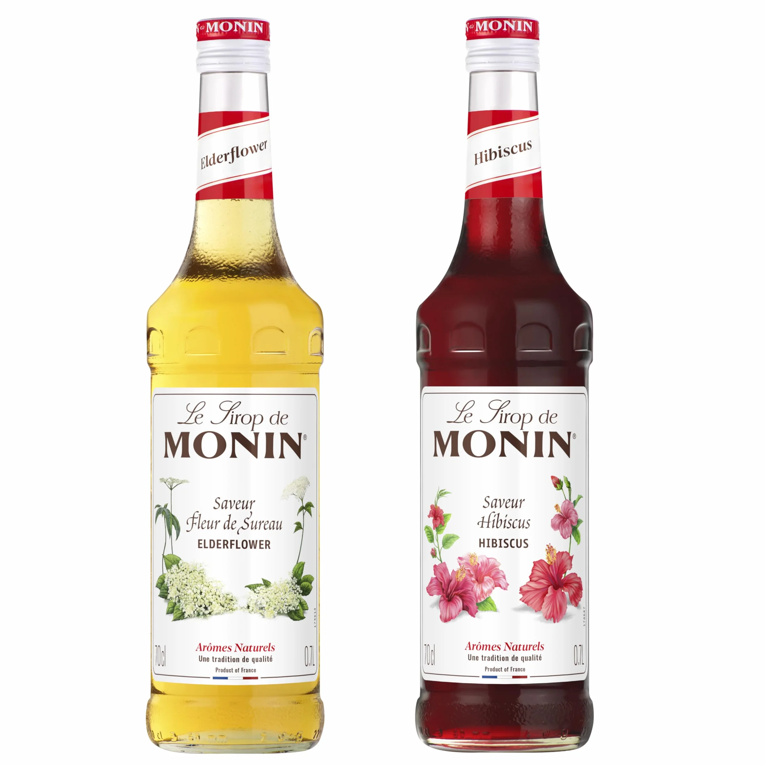 MONIN - Assortiment Sirop Saveur Fleur de Sureau & Sirop Saveur Hibiscus - Pour Prosecco, Cocktail, Thé Glacé, Limonade - Arômes Naturels - Bouteille en Verre - 2 x 70 cl