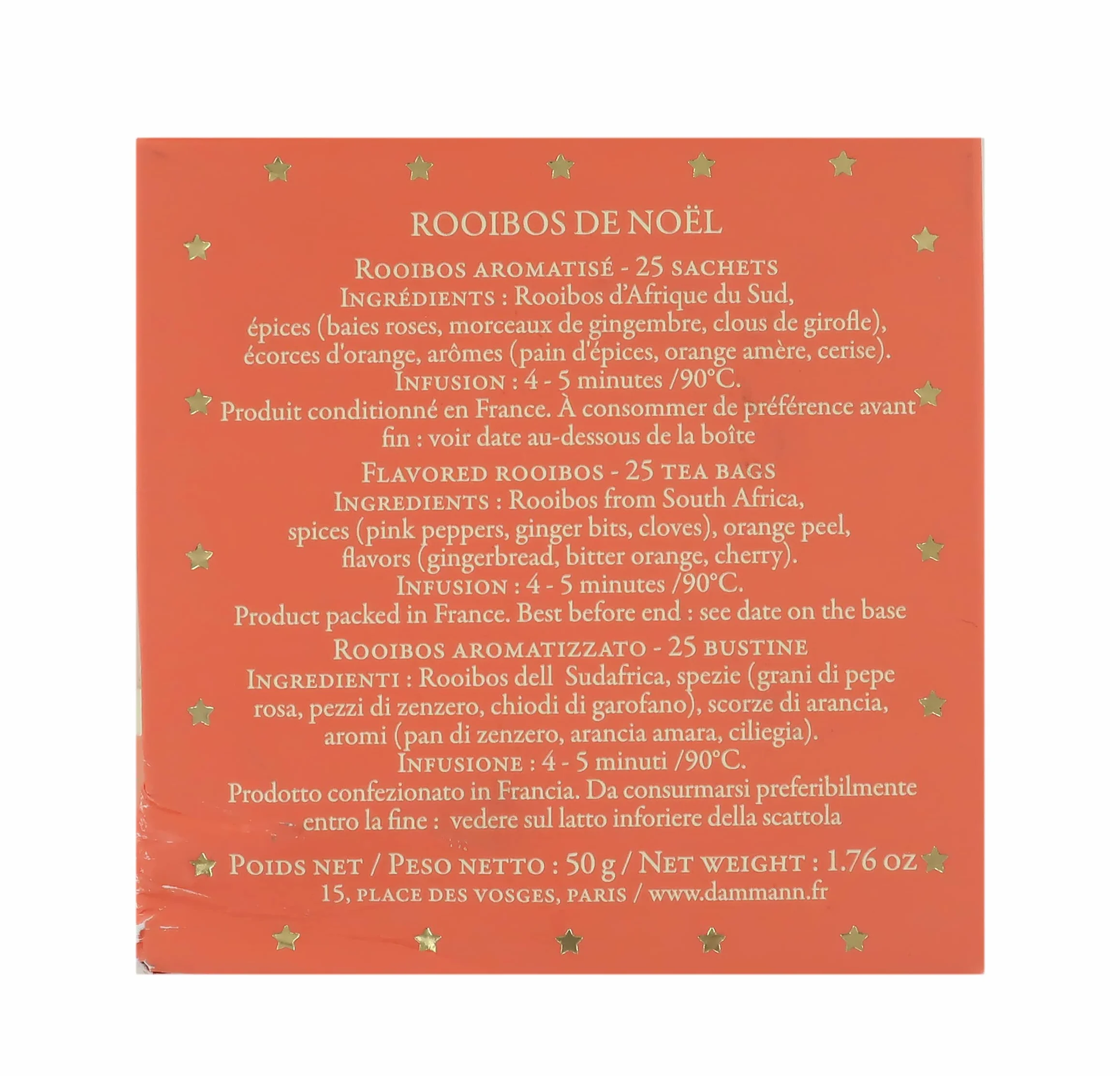 Thé de Noël, Thé Rooibos à l'Orange et Épices, Paquet Cadeau, 50g - Dammann Frères