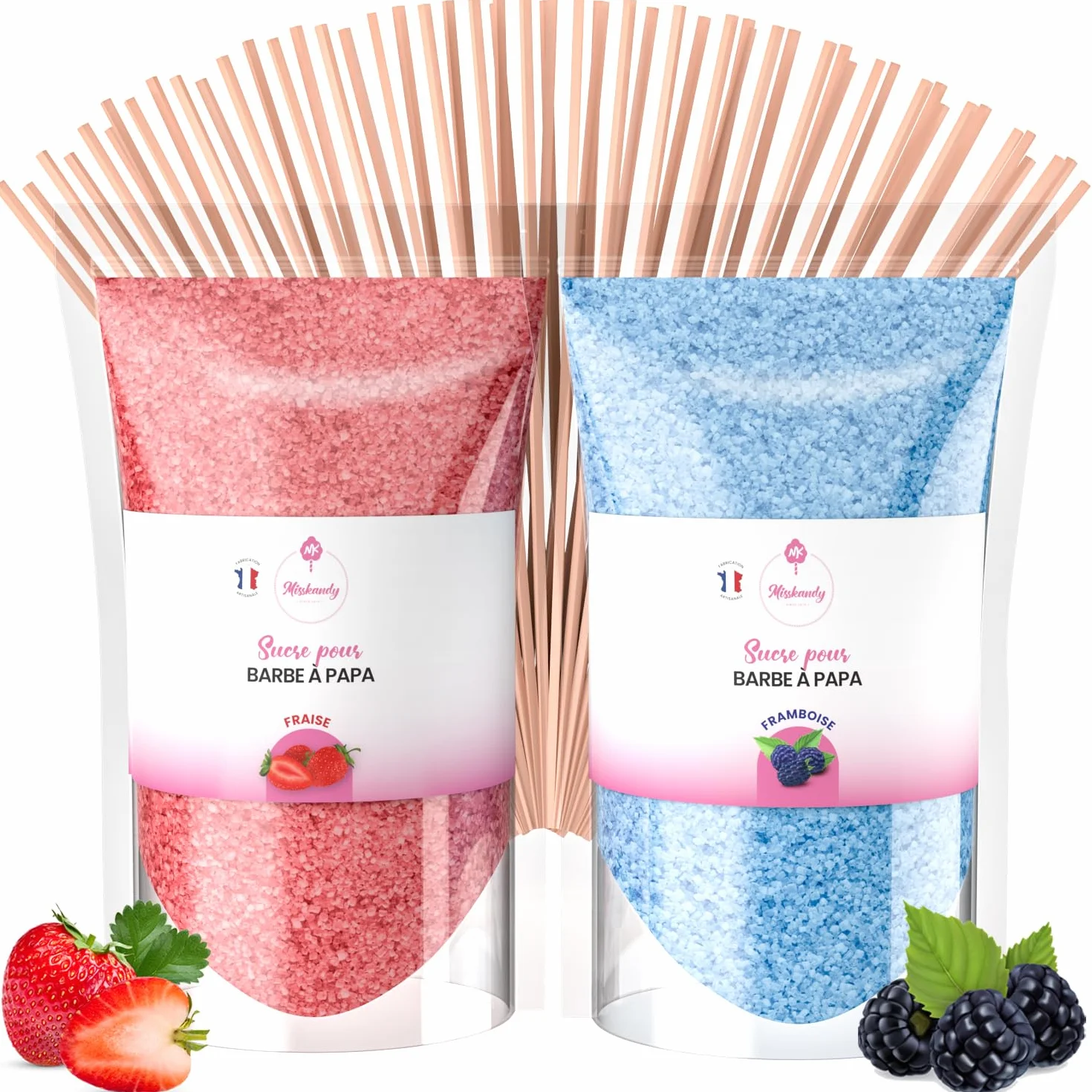 Misskandy®-Sucre Barbe à Papa pour machine- Lot de 2 * 160GR (Fraise- Framboise) / poudre barbapapa+ 10 Bâtonnets offerts - MADE IN FRANCE