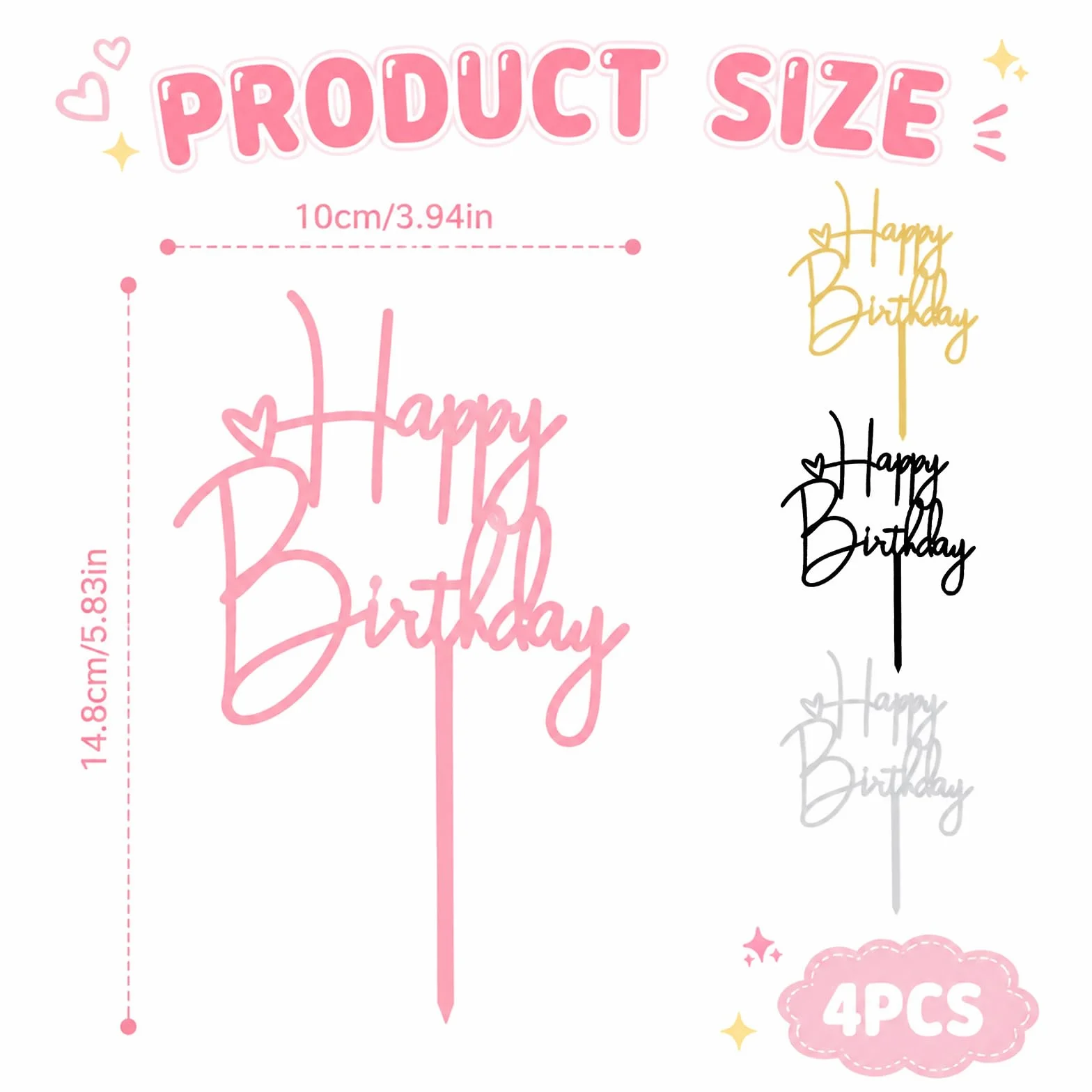 4 Pièces Topper Happy Birthday Decoration Gateau Acrylique Réutilisable,Joyeux Anniversaire Decoration Gateau,Décorations de Gâteau « Happy Birthday » pour Décoration de Gâteau de Fête D'Anniversaire