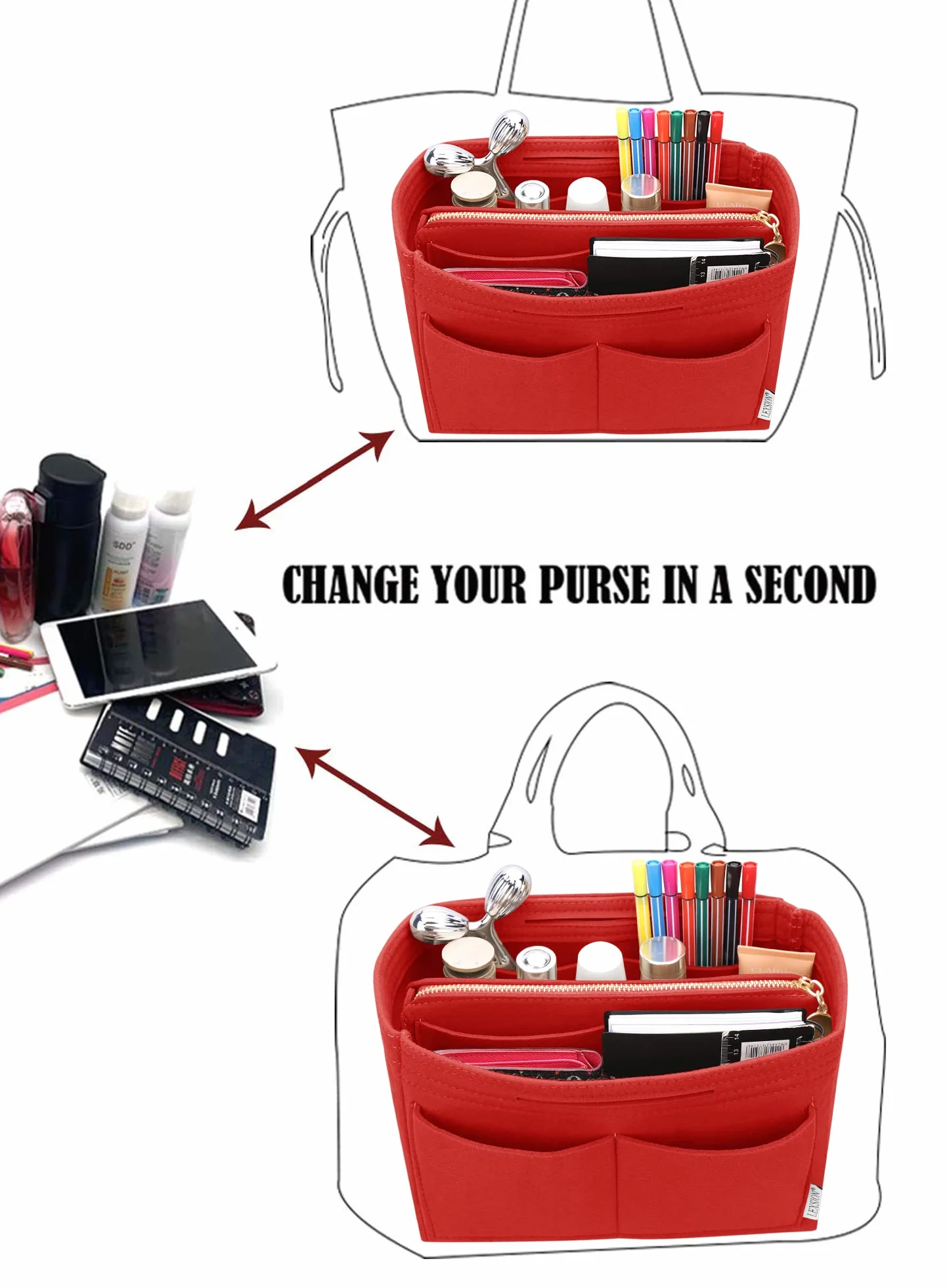 Organiseur de sac à main en feutre avec fermeture éclair pour Speedy Neverful PM MM, Rouge, M