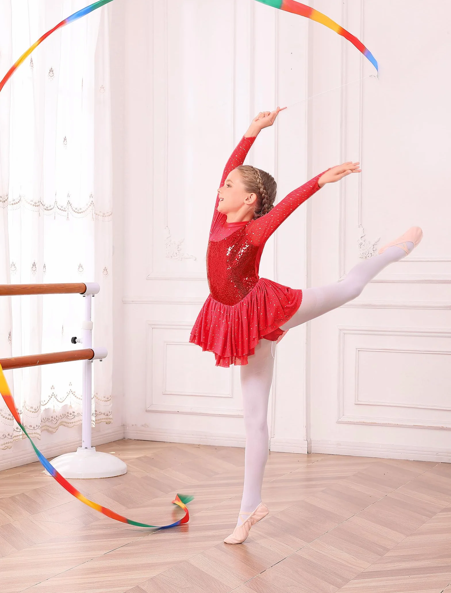 FYMNSI Robe de patinage artistique pour fille avec strass manches longues en tulle - Justaucorps de danse