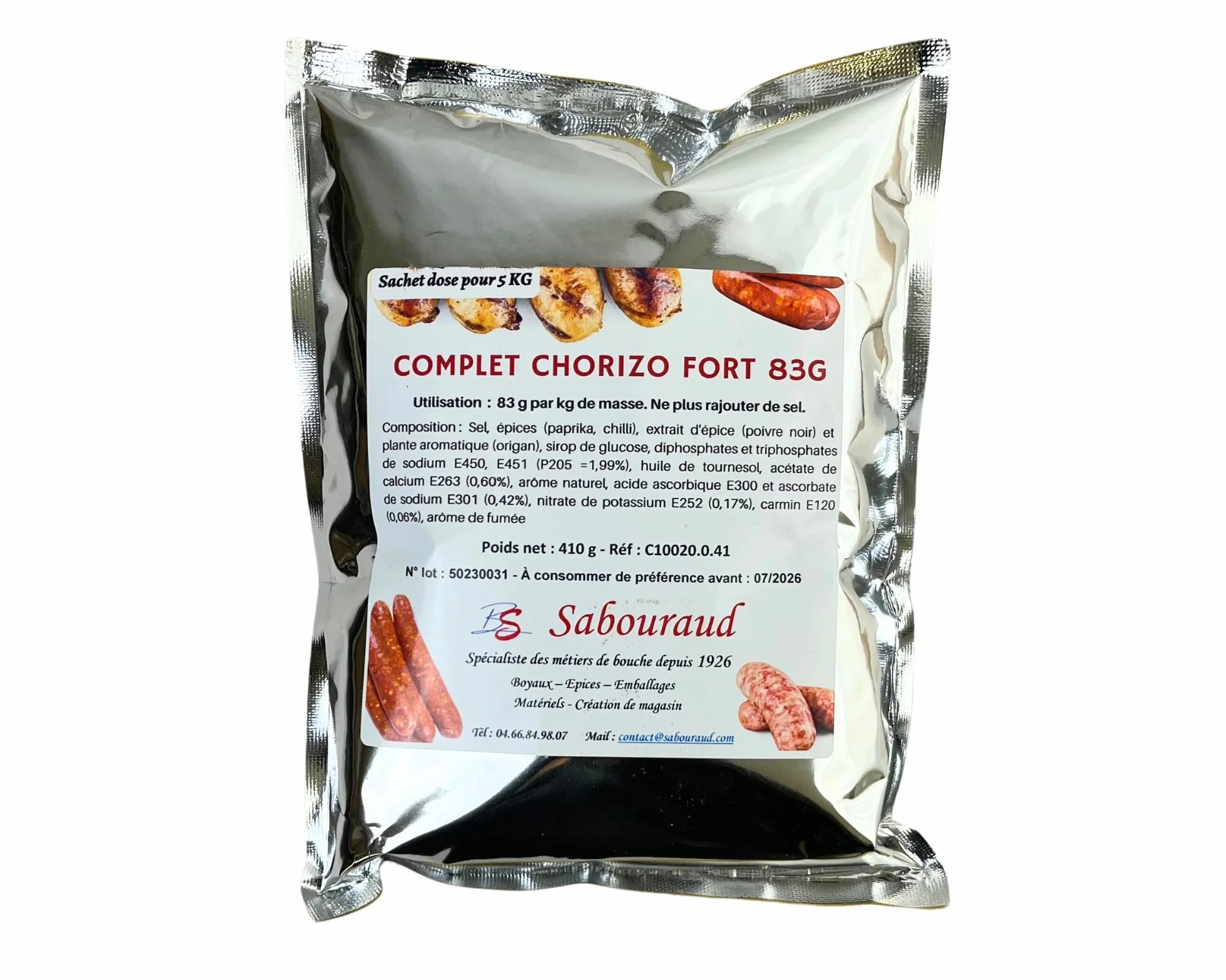 Epice pour chorizo sec fort complet sachet 410gr pour 5 kilos de viande