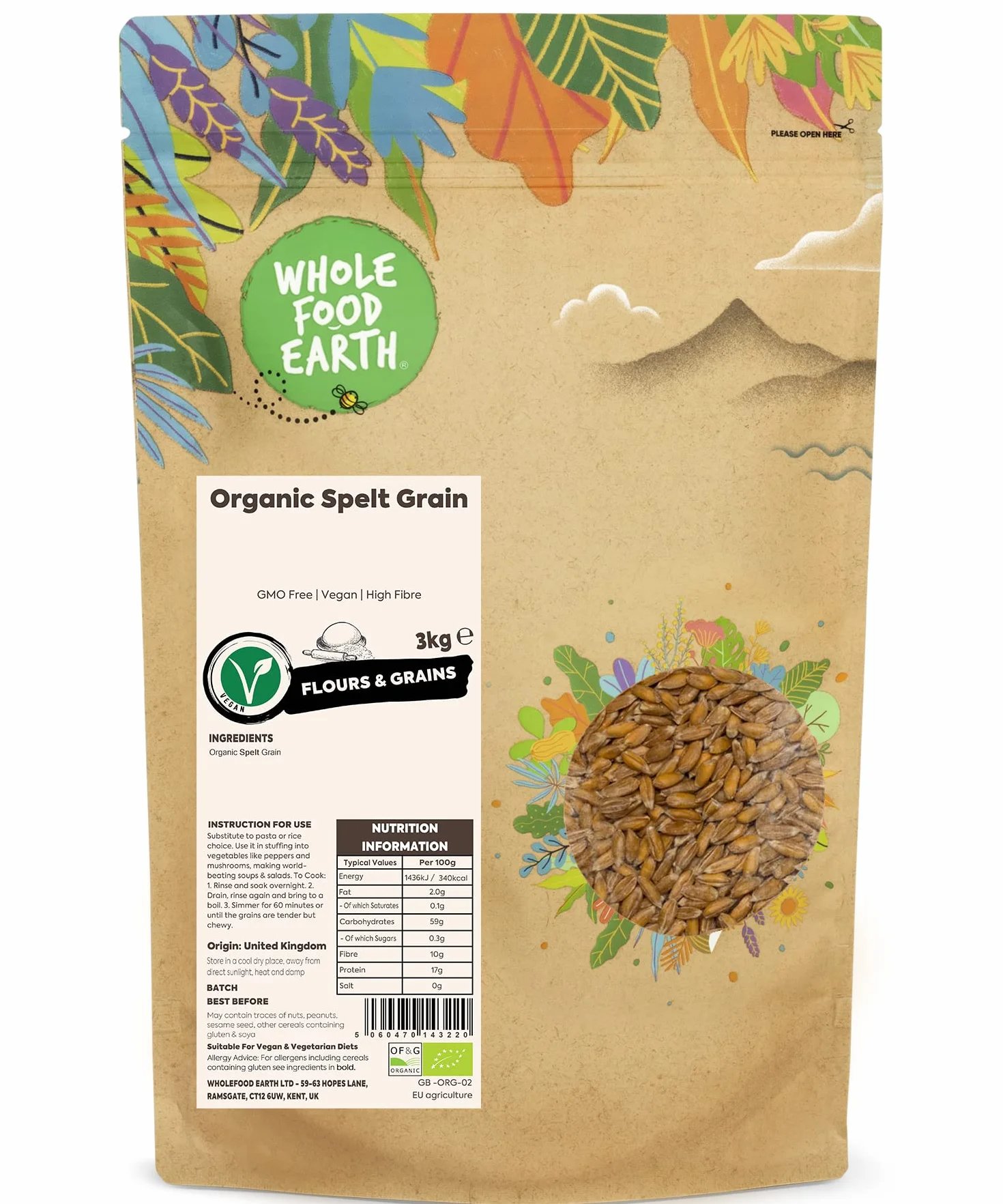 Wholefood Earth Grains d’épeautre bio 3 kg – Riche en fibres naturelles, céréale ancienne, facile à digérer, sans OGM, idéal cuisine saine et végétalienne