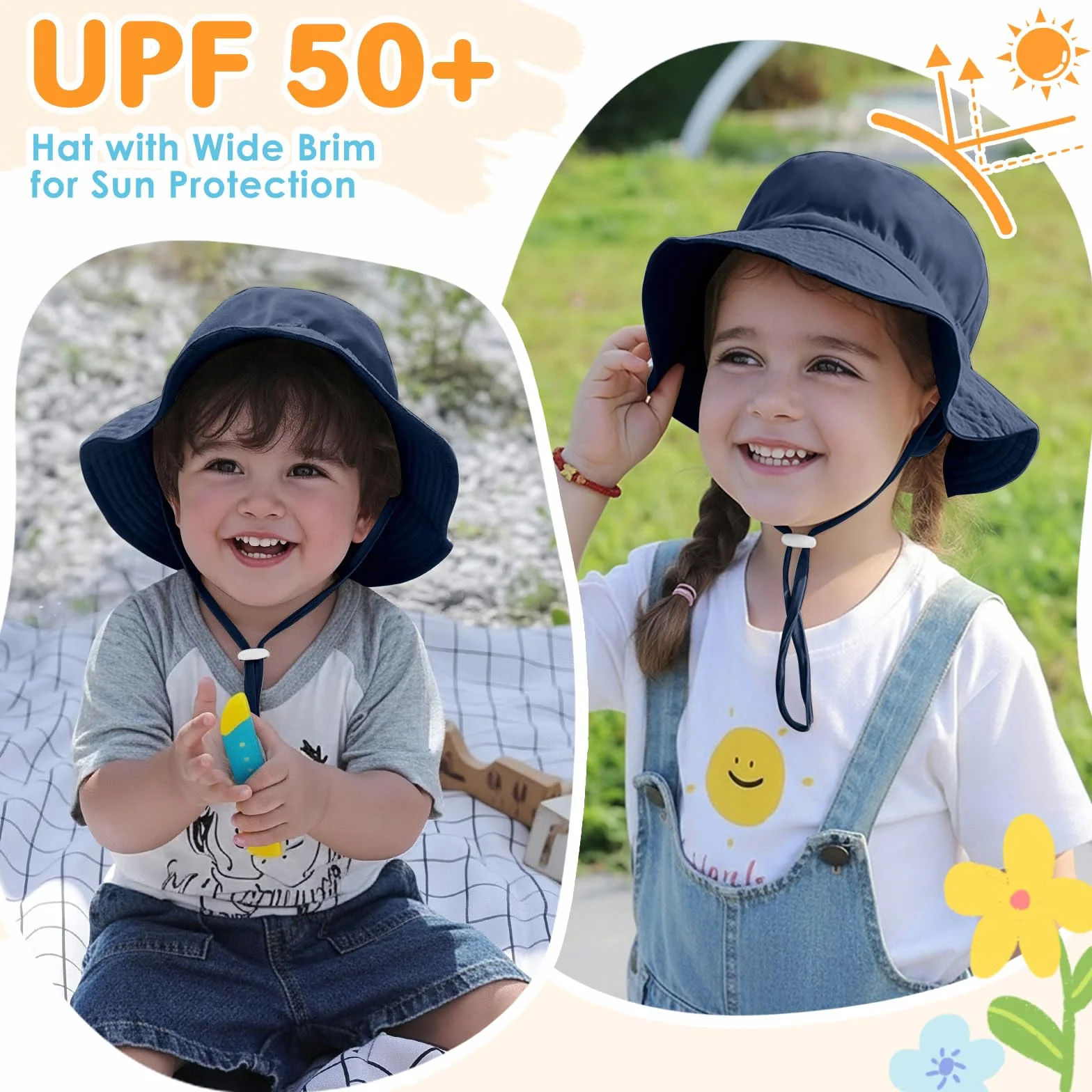 Xnova Bébé Enfant Chapeau de Soleil UPF 50+ Anti-UV Bucket Hat Large Bord Réglable