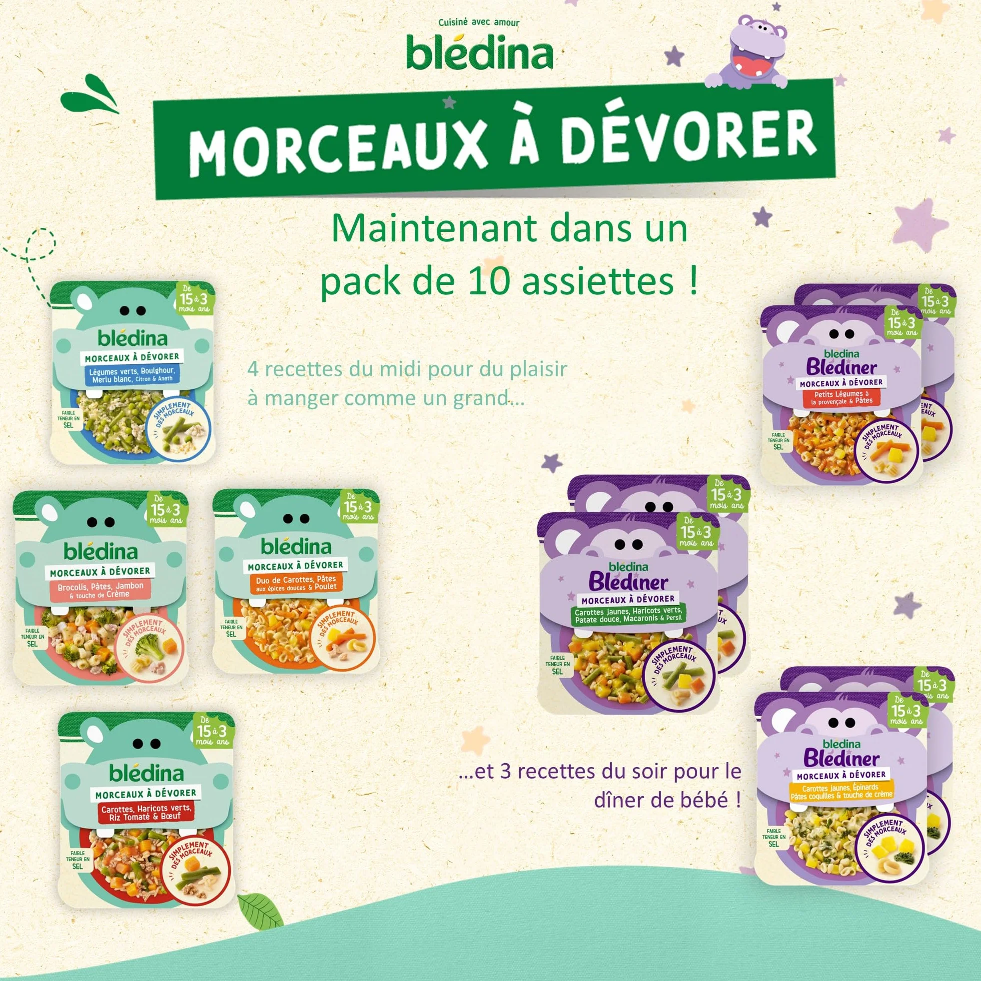 Blédina - Morceaux à Dévorer - 10 petits plats pour bébé - Repas midi et soir - Dès 15 Mois - 7 recettes - Pack de 10 (L'emballage peut varier)
