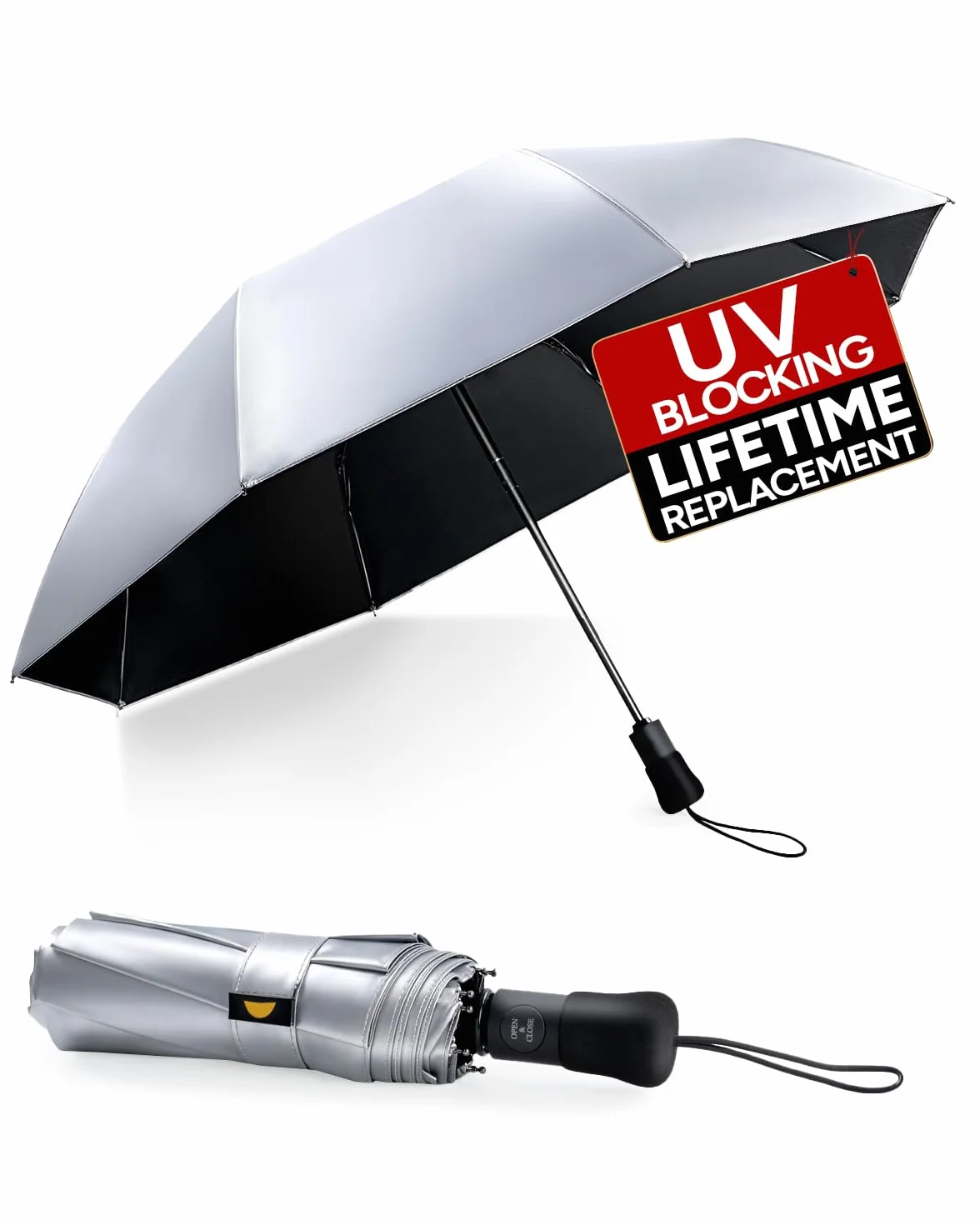 Parapluie Pliant Anti-UV UPF 50+ 106/116cm Argent Compact Coupe-Vent Automatique Léger