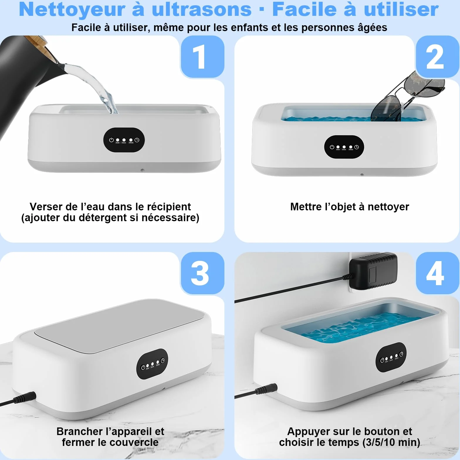 Nettoyeur Ultrasons 640 ml 49000HZ Bac à Ultrason Portable pour Lunettes, Bagues