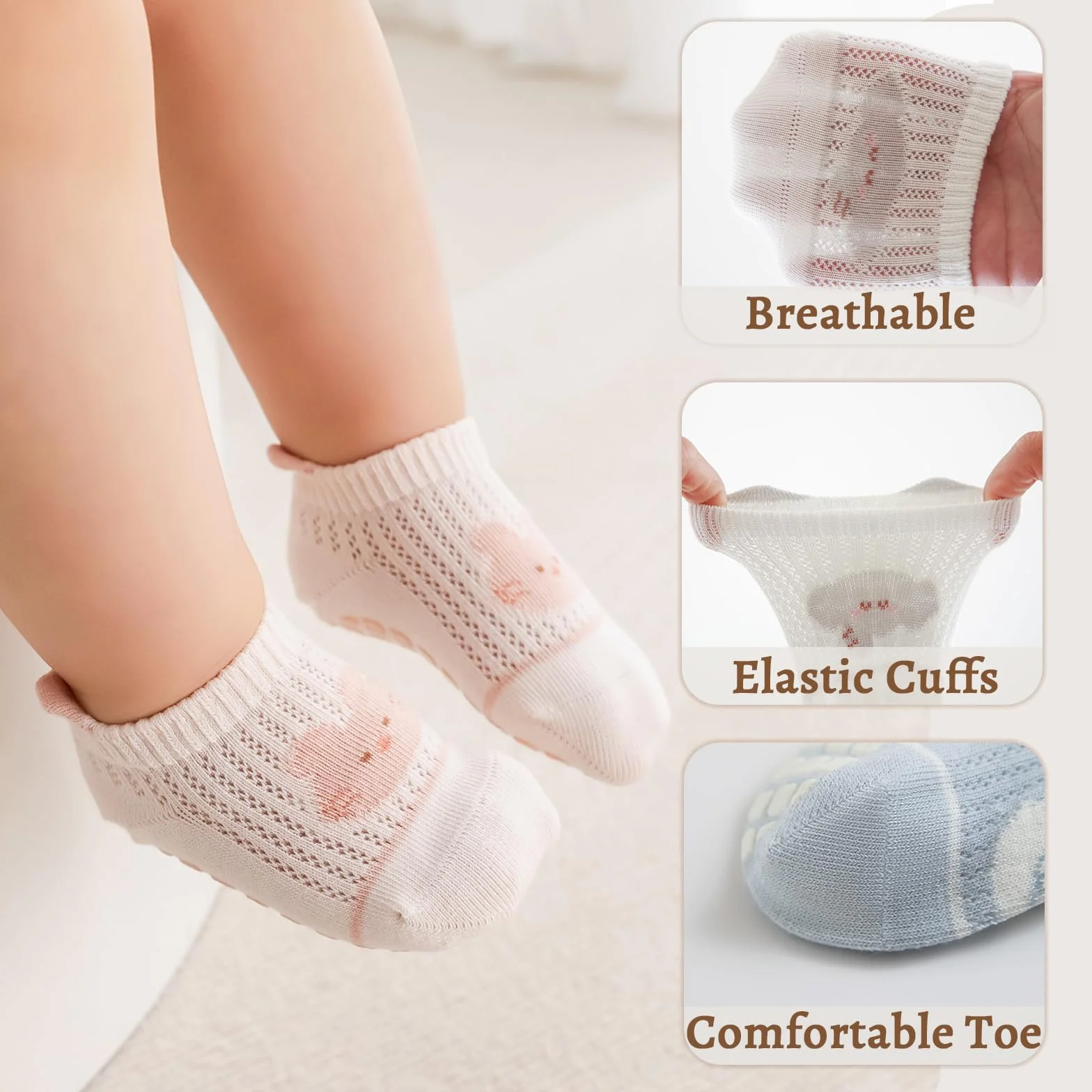 Chaussettes Antidérapantes en Coton Respirant 5 Paires Bébé Enfants Garçons Filles Multicolore
