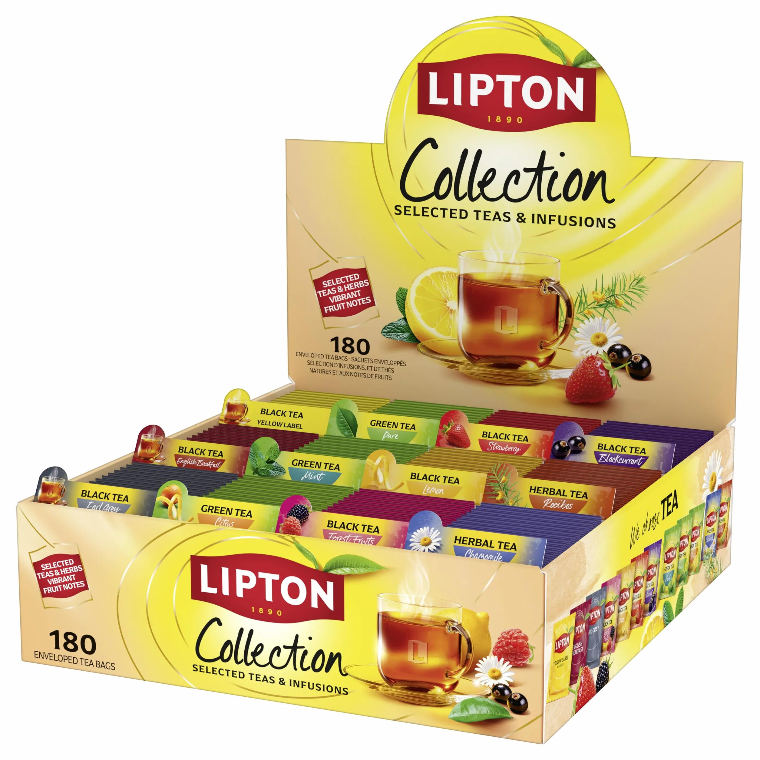Lipton, Séléction Détente, Nouveau Coffret Thé et Infusions, 12 Goûts Différents, Thé Vert, Thé Noir et Infusions, Infusion à Froid ou Chaud, 1 Boite de 180 Sachets