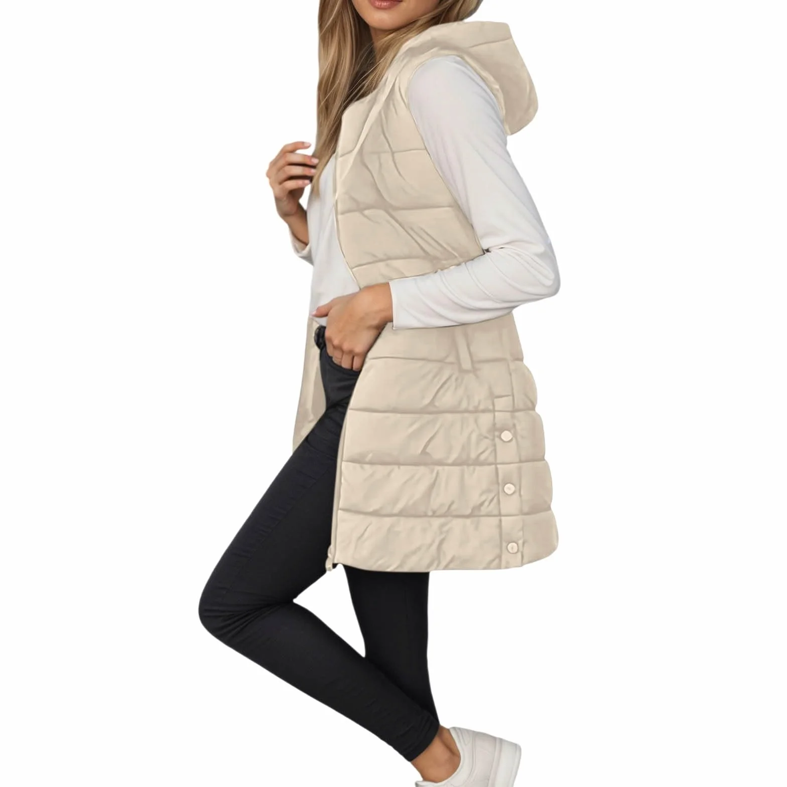 Femme Doudoune sans Manches Capuche Longue Gilet Ultra Chaud Légère Veste Zippée Hiver Waistcoat Poches
