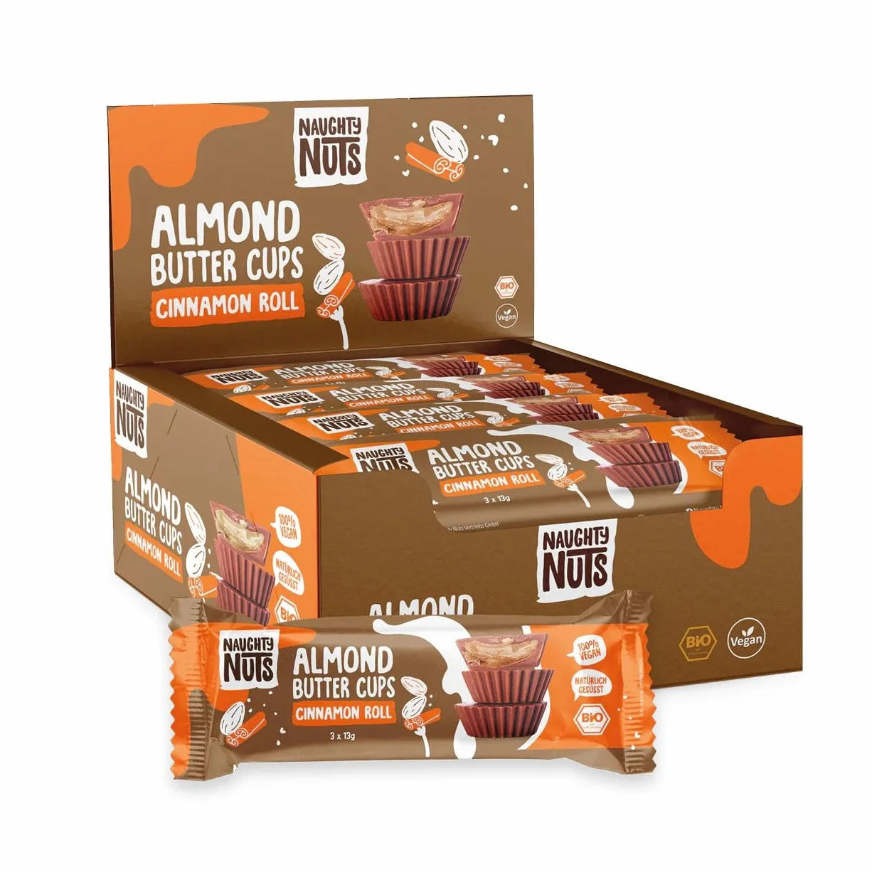 Naughty Nuts Bio Beurre d'Amande et Roulé à la Cannelle - Vegan, sans Huile de Palme et sans Sucre Raffiné - 12 x 39 g